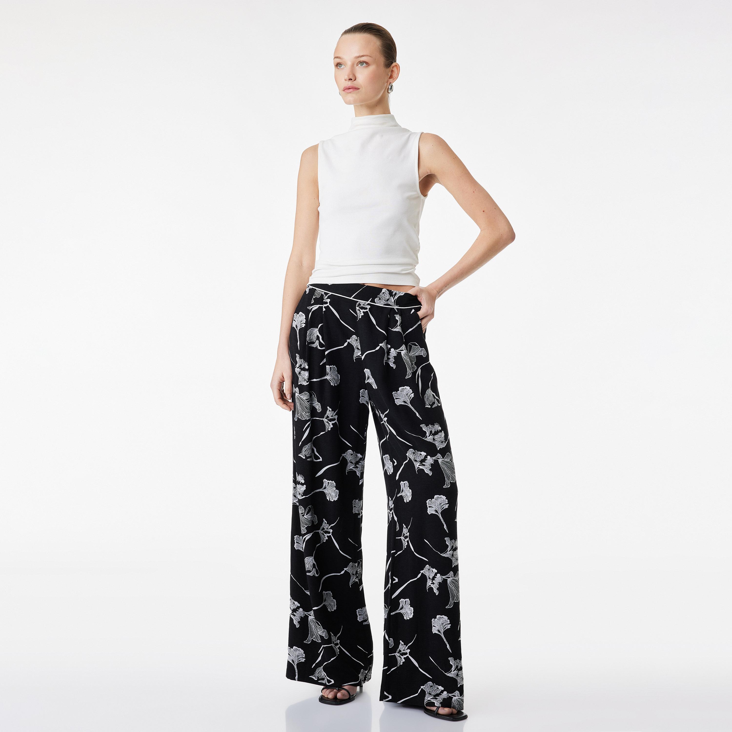 KOTON Black Floral Print Linen Semi Elasticated Waist Wide Leg Women's Trousers-women-clothing-bottoms-trousers-image-2
