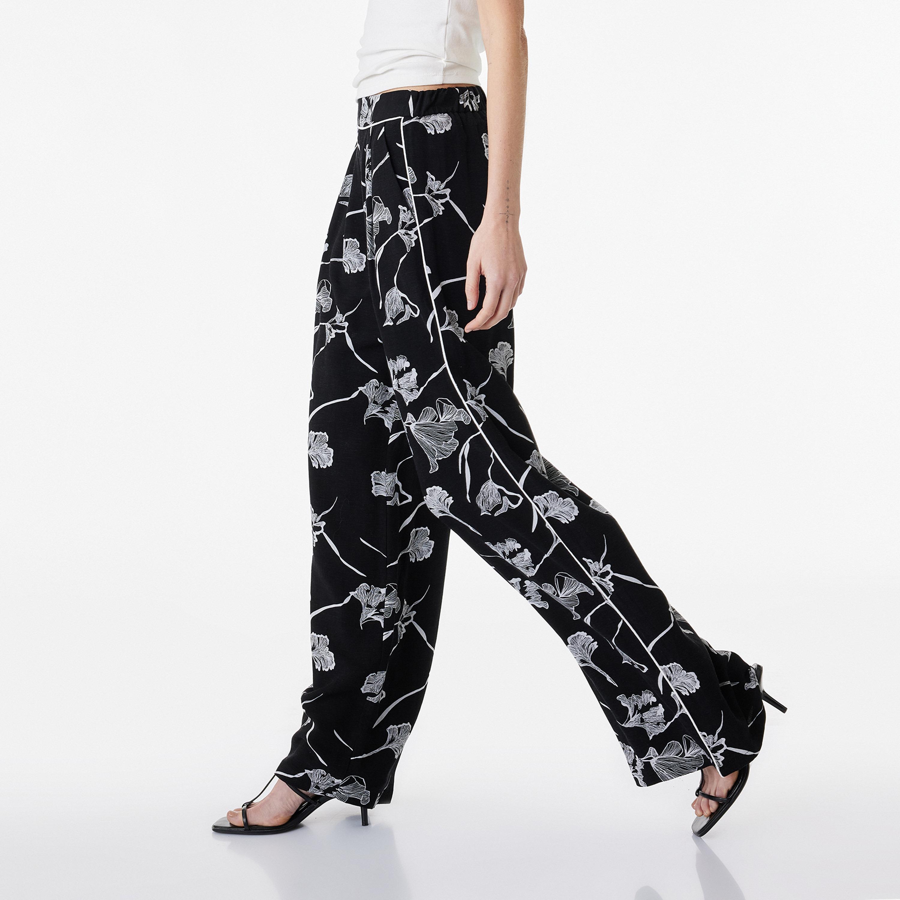 KOTON Black Floral Print Linen Semi Elasticated Waist Wide Leg Women's Trousers-women-clothing-bottoms-trousers-image-3