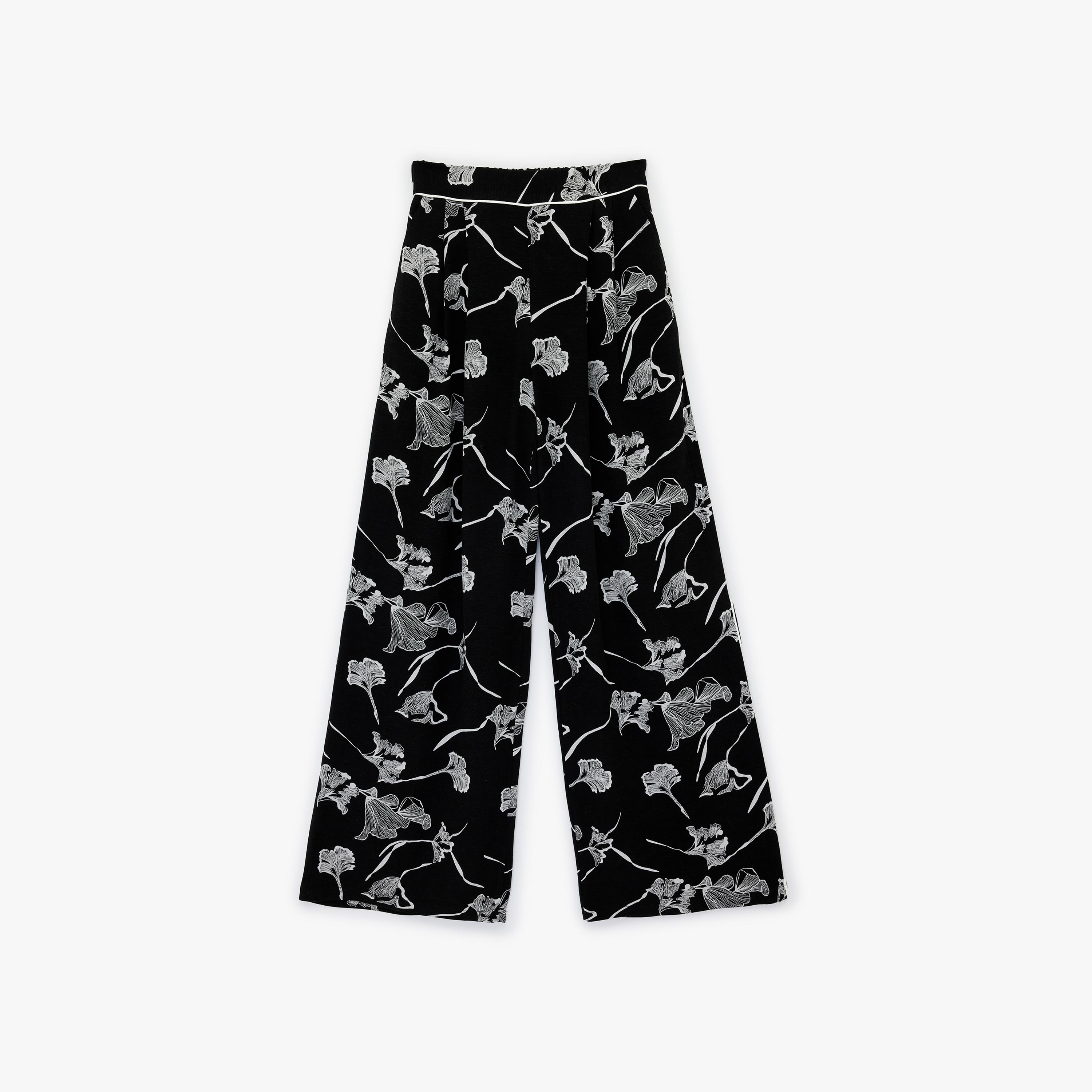 KOTON Black Floral Print Linen Semi Elasticated Waist Wide Leg Women's Trousers-women-clothing-bottoms-trousers-image-4