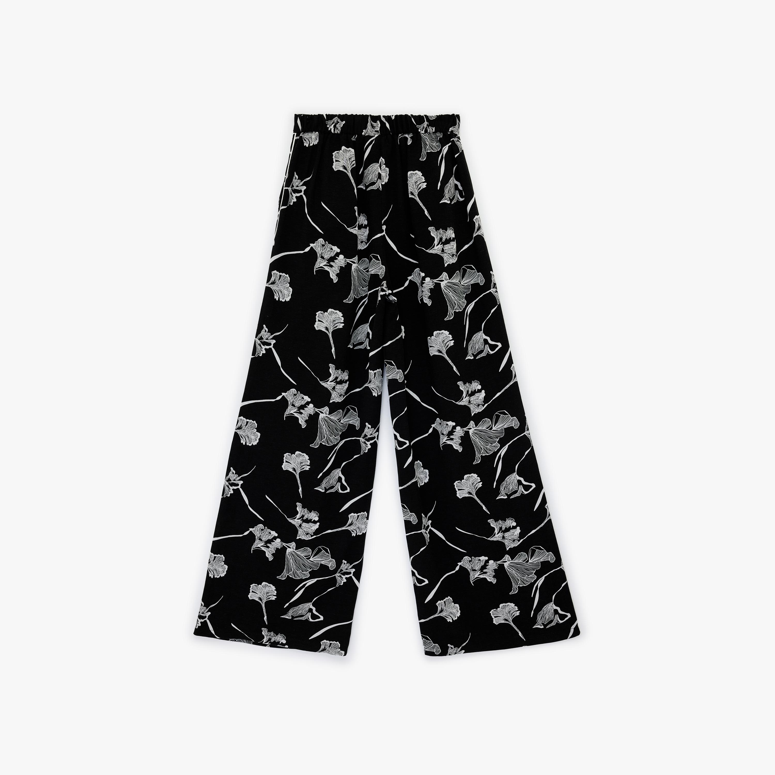 KOTON Black Floral Print Linen Semi Elasticated Waist Wide Leg Women's Trousers-women-clothing-bottoms-trousers-image-5