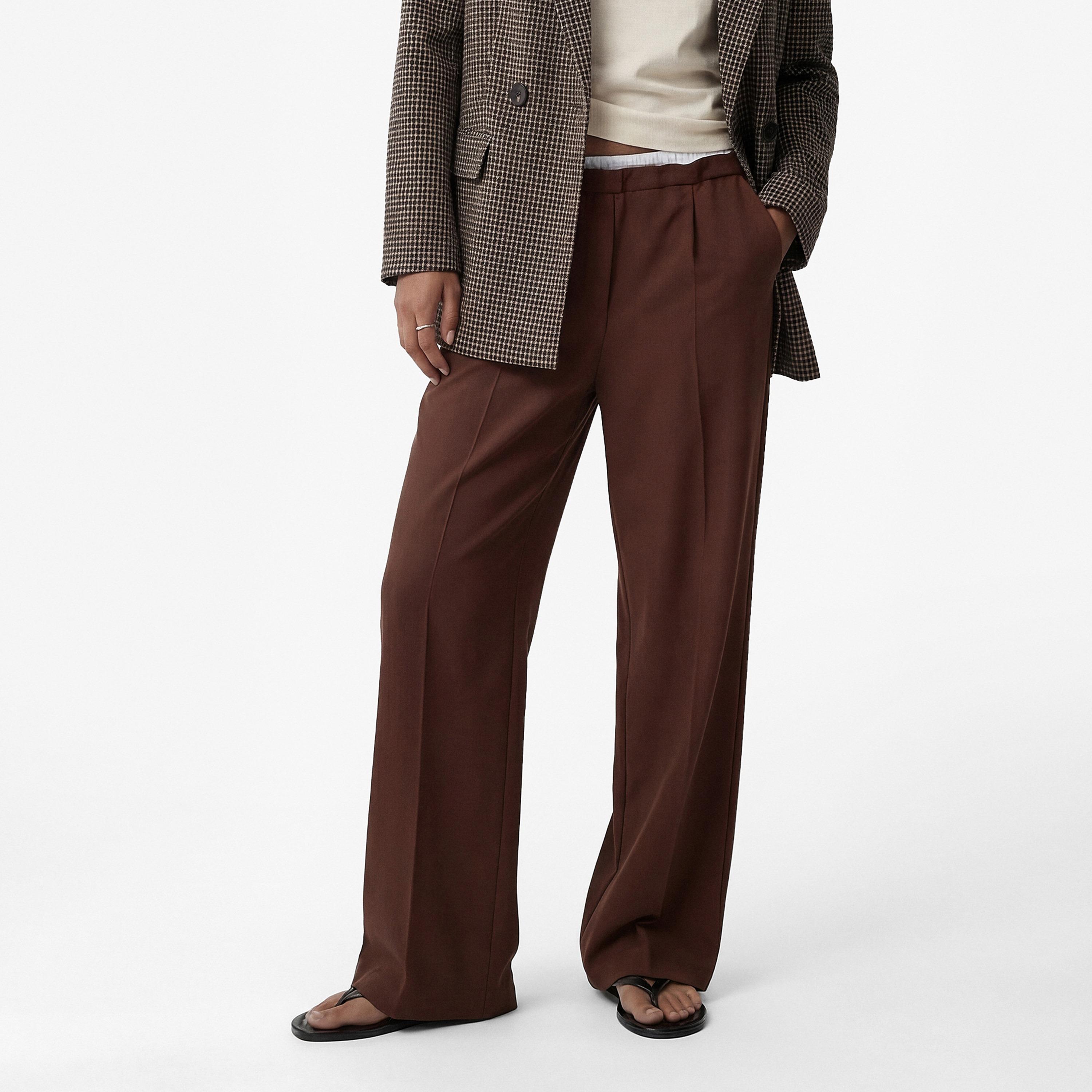 KOTON Brown Plain Drawstring Waist Wide Leg Women's Trousers-women-clothing-bottoms-trousers-image-1