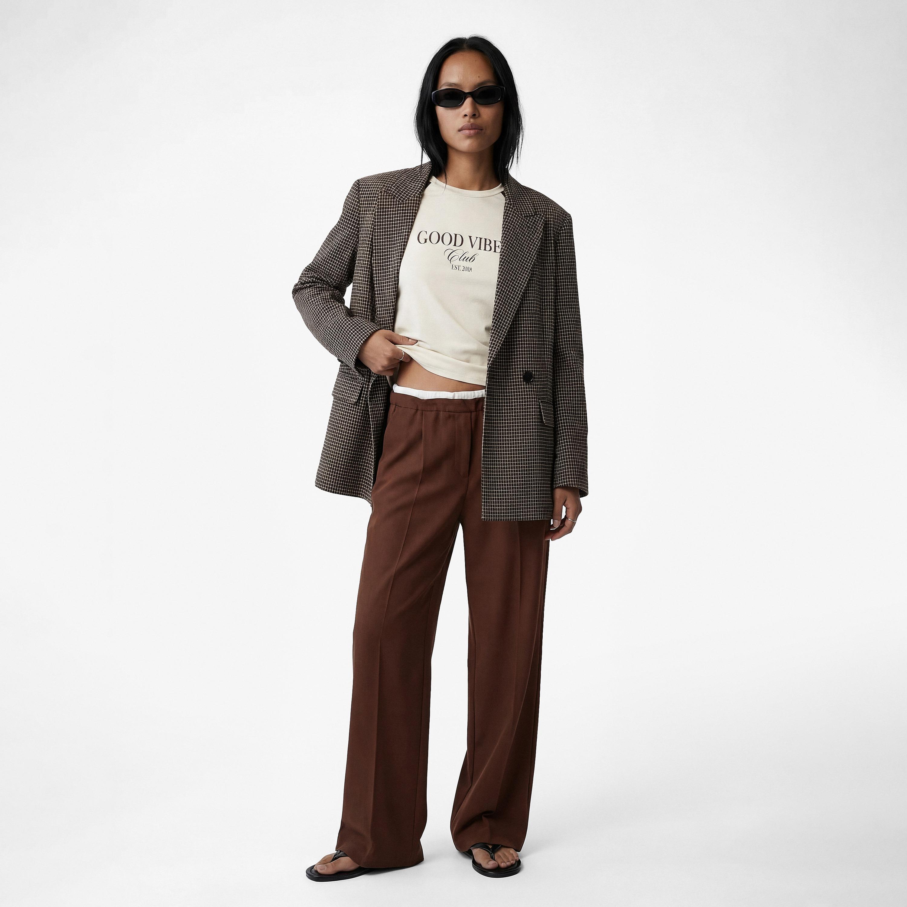 KOTON Brown Plain Drawstring Waist Wide Leg Women's Trousers-women-clothing-bottoms-trousers-image-2