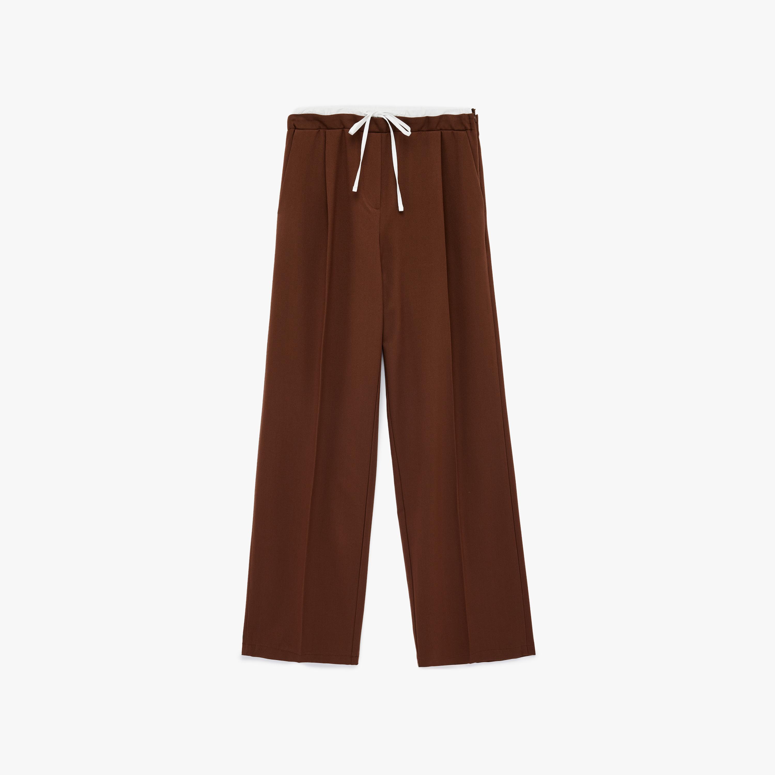 KOTON Brown Plain Drawstring Waist Wide Leg Women's Trousers-women-clothing-bottoms-trousers-image-3