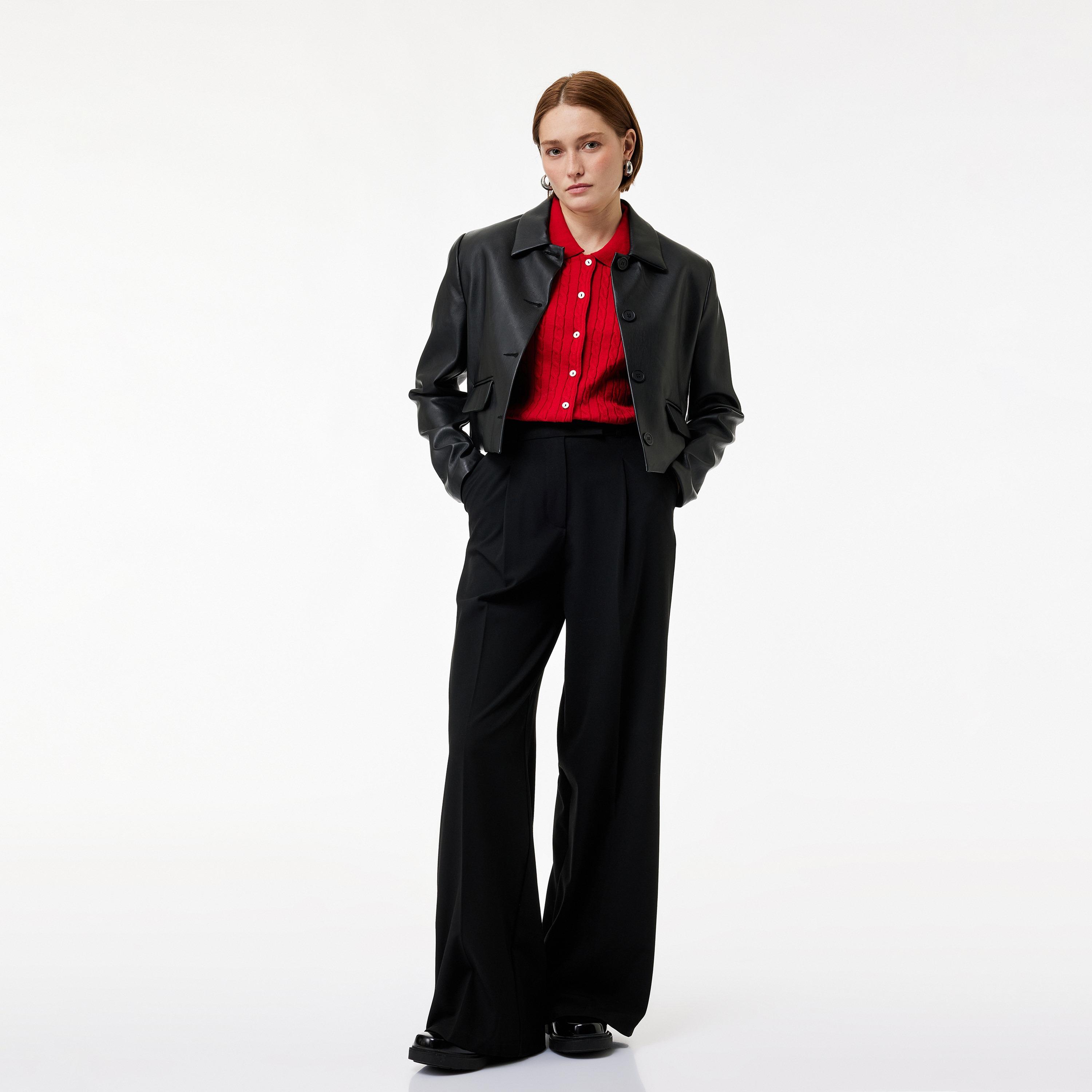 KOTON Black Plain Hook and Bar Wide Leg Women's Trousers-women-clothing-bottoms-trousers-image-1