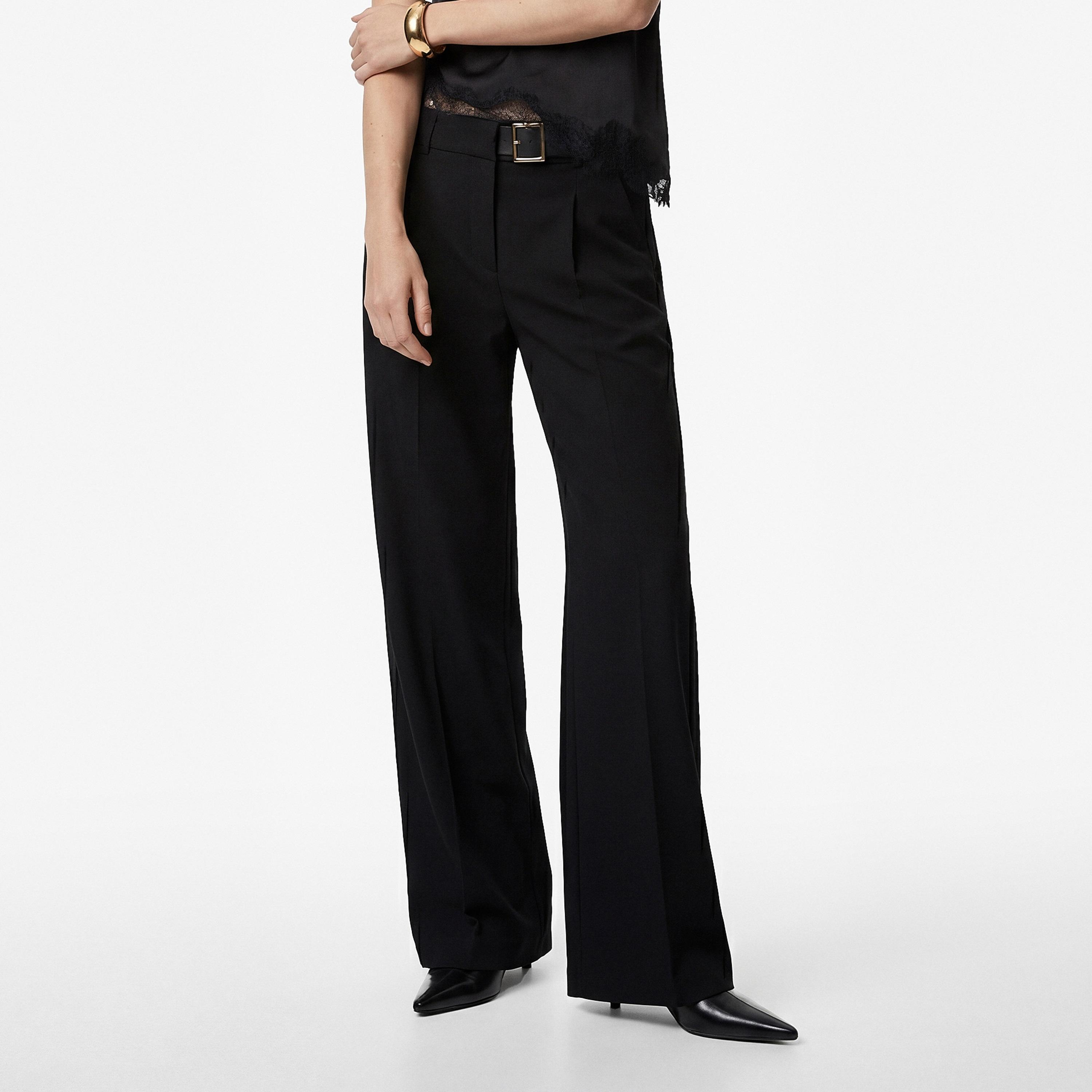 KOTON Black Plain Belted Wide Leg Women's Trousers-women-clothing-bottoms-trousers-image-1