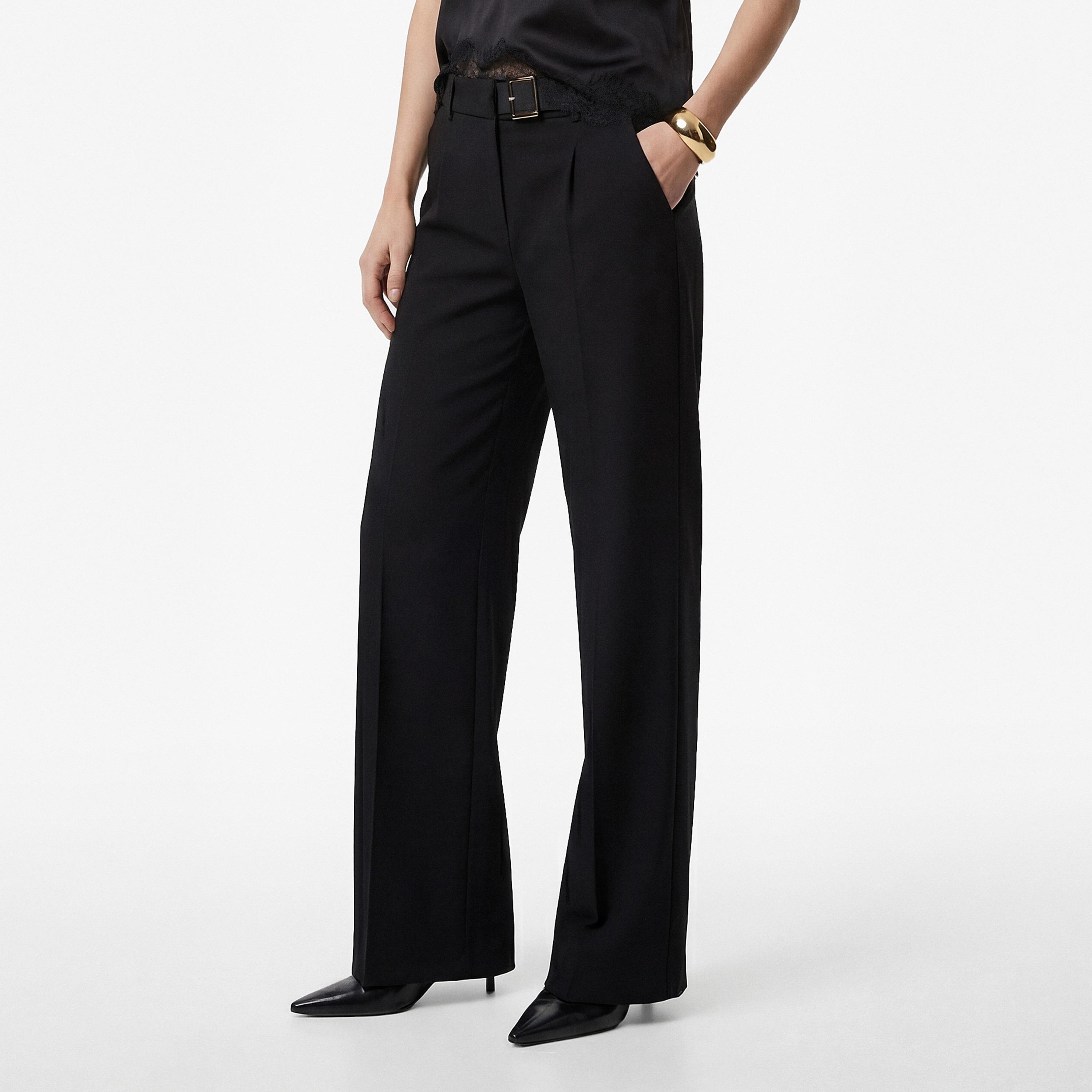 KOTON Black Plain Belted Wide Leg Women's Trousers-women-clothing-bottoms-trousers-image-3
