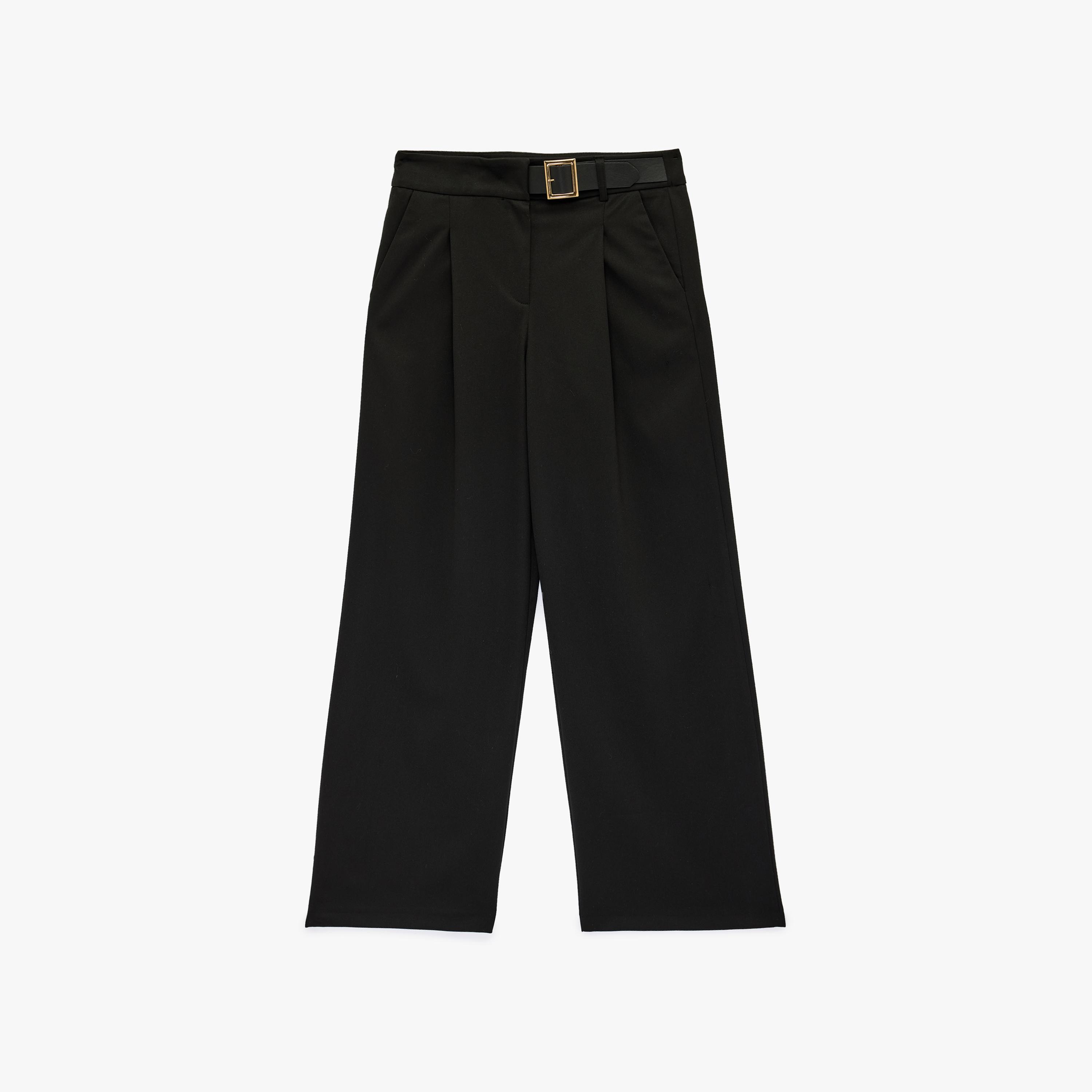 KOTON Black Plain Belted Wide Leg Women's Trousers-women-clothing-bottoms-trousers-image-4