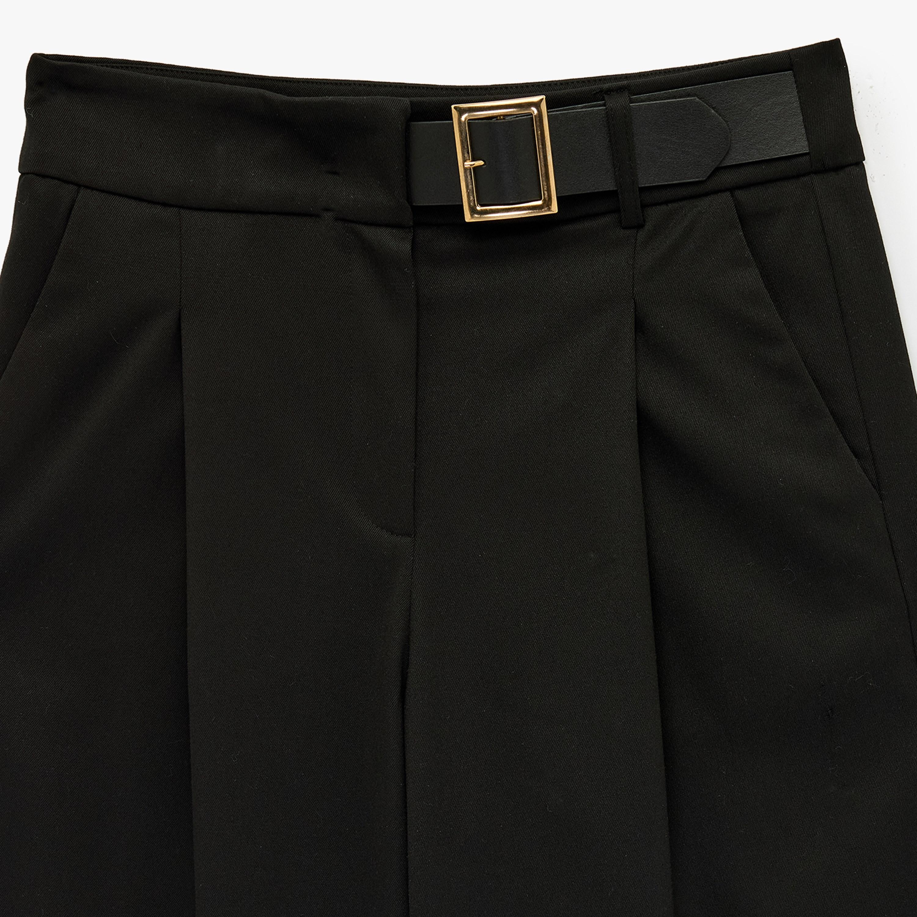 KOTON Black Plain Belted Wide Leg Women's Trousers-women-clothing-bottoms-trousers-image-6