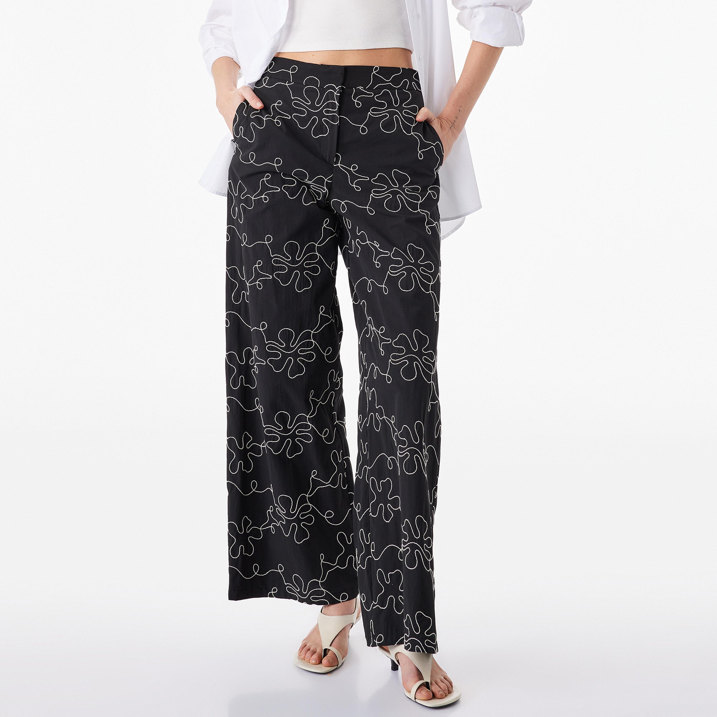 KOTON Black Contrast Stitched Cotton Wide Leg Women's Trousers-women-clothing-bottoms-trousers-image-1