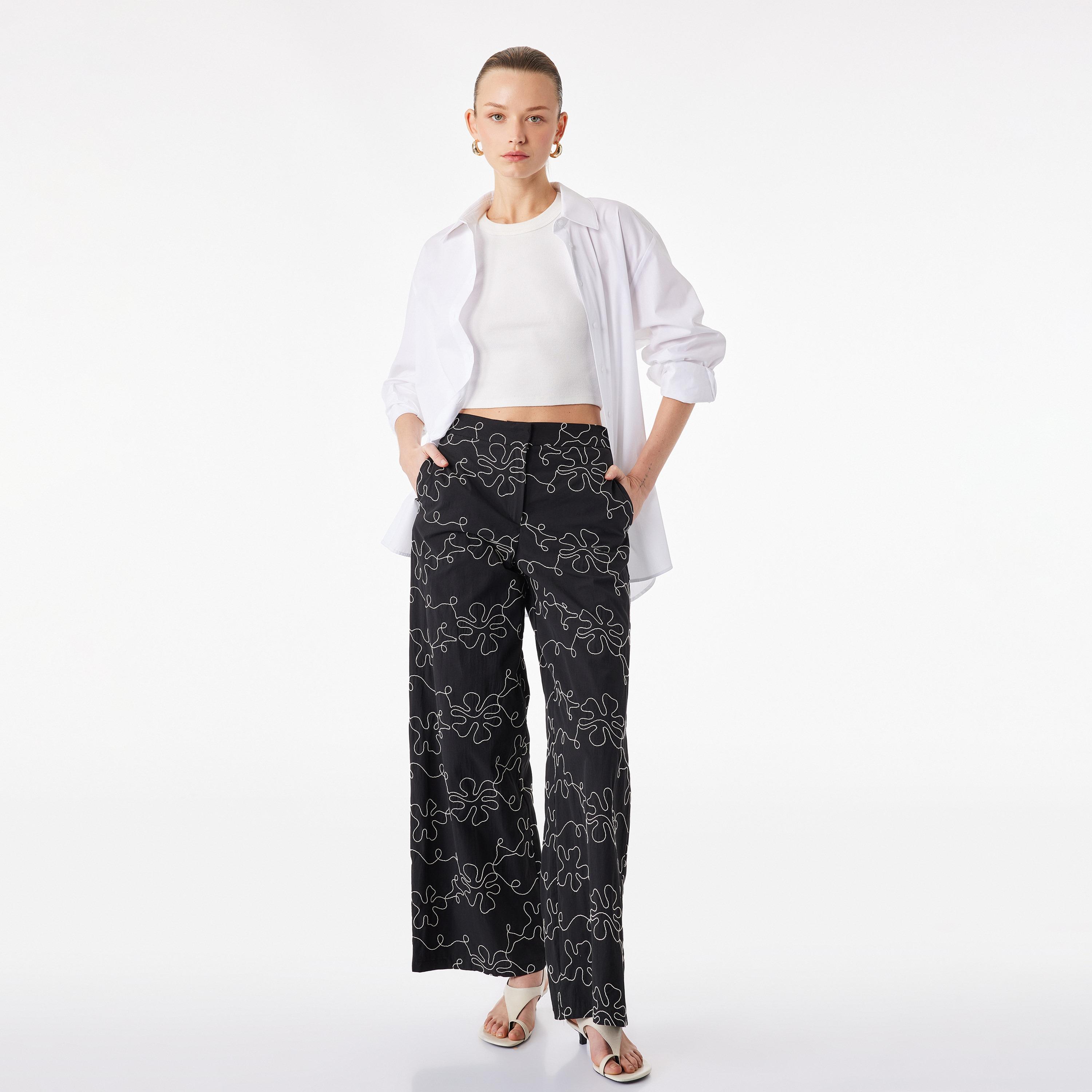 KOTON Black Contrast Stitched Cotton Wide Leg Women's Trousers-women-clothing-bottoms-trousers-image-2