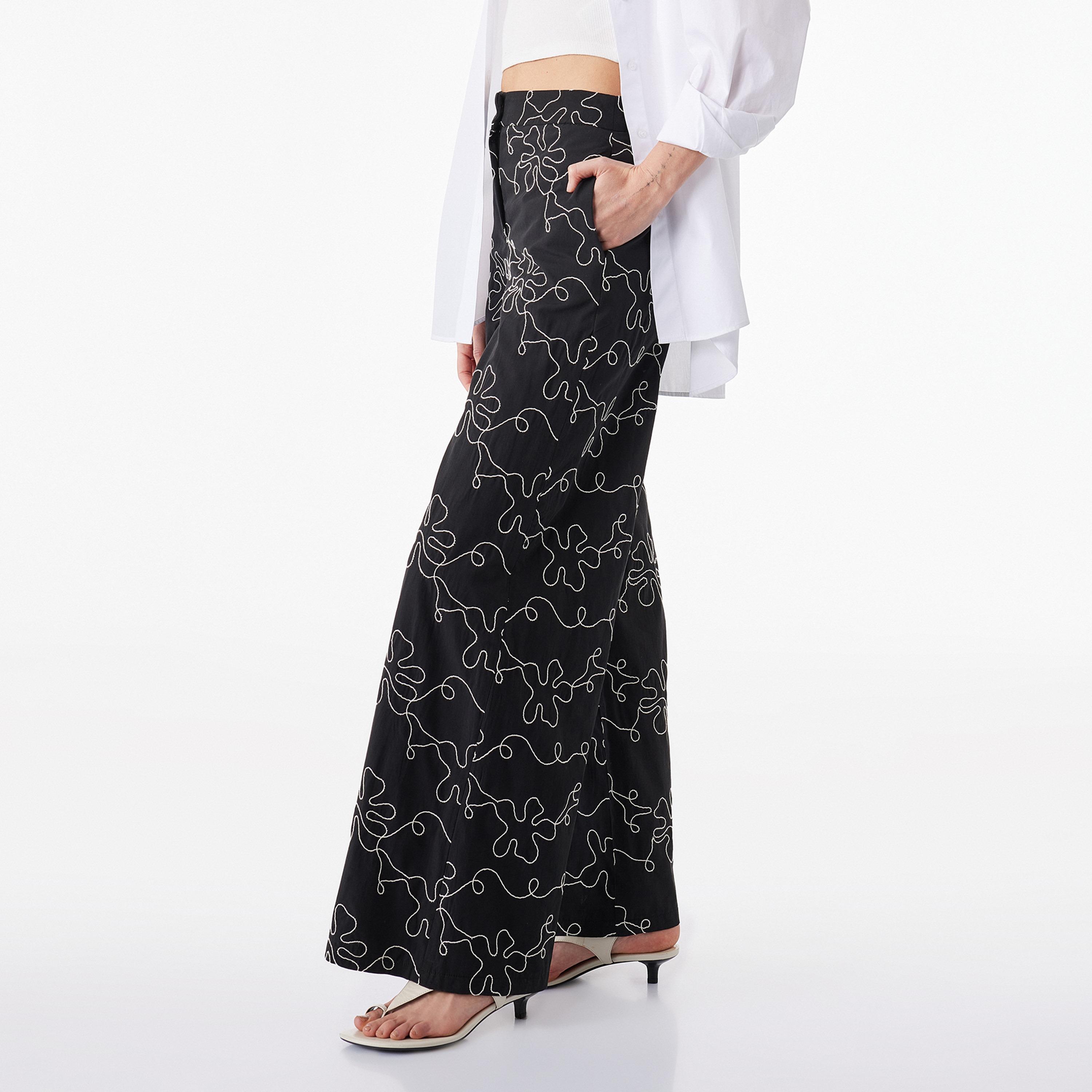 KOTON Black Contrast Stitched Cotton Wide Leg Women's Trousers-women-clothing-bottoms-trousers-image-3