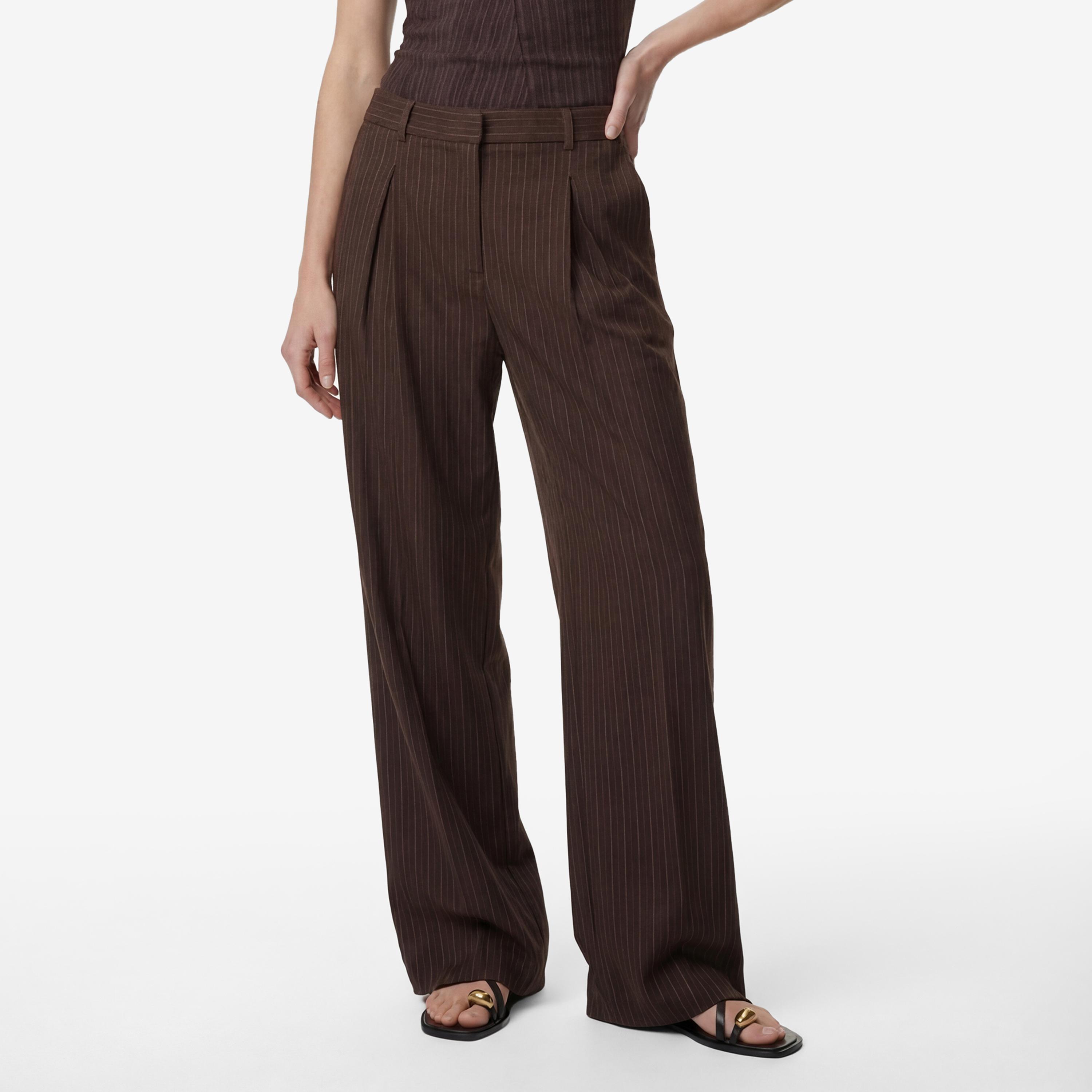 بنطلون نسائي واسع الساق بإغلاق مشبك وشريط وتصميم مخطط بني من كوتون-women-clothing-bottoms-trousers-image-1
