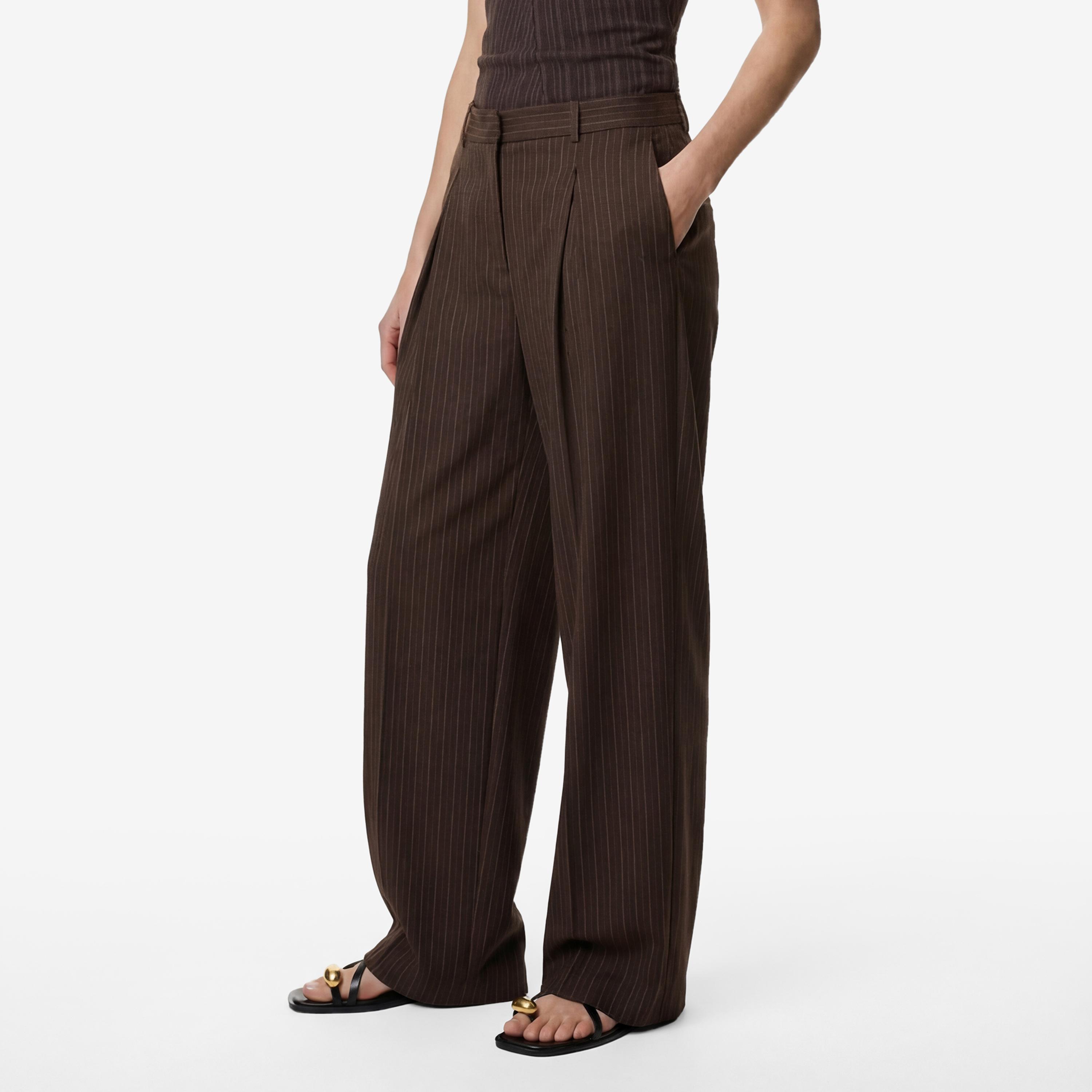 بنطلون نسائي واسع الساق بإغلاق مشبك وشريط وتصميم مخطط بني من كوتون-women-clothing-bottoms-trousers-image-3
