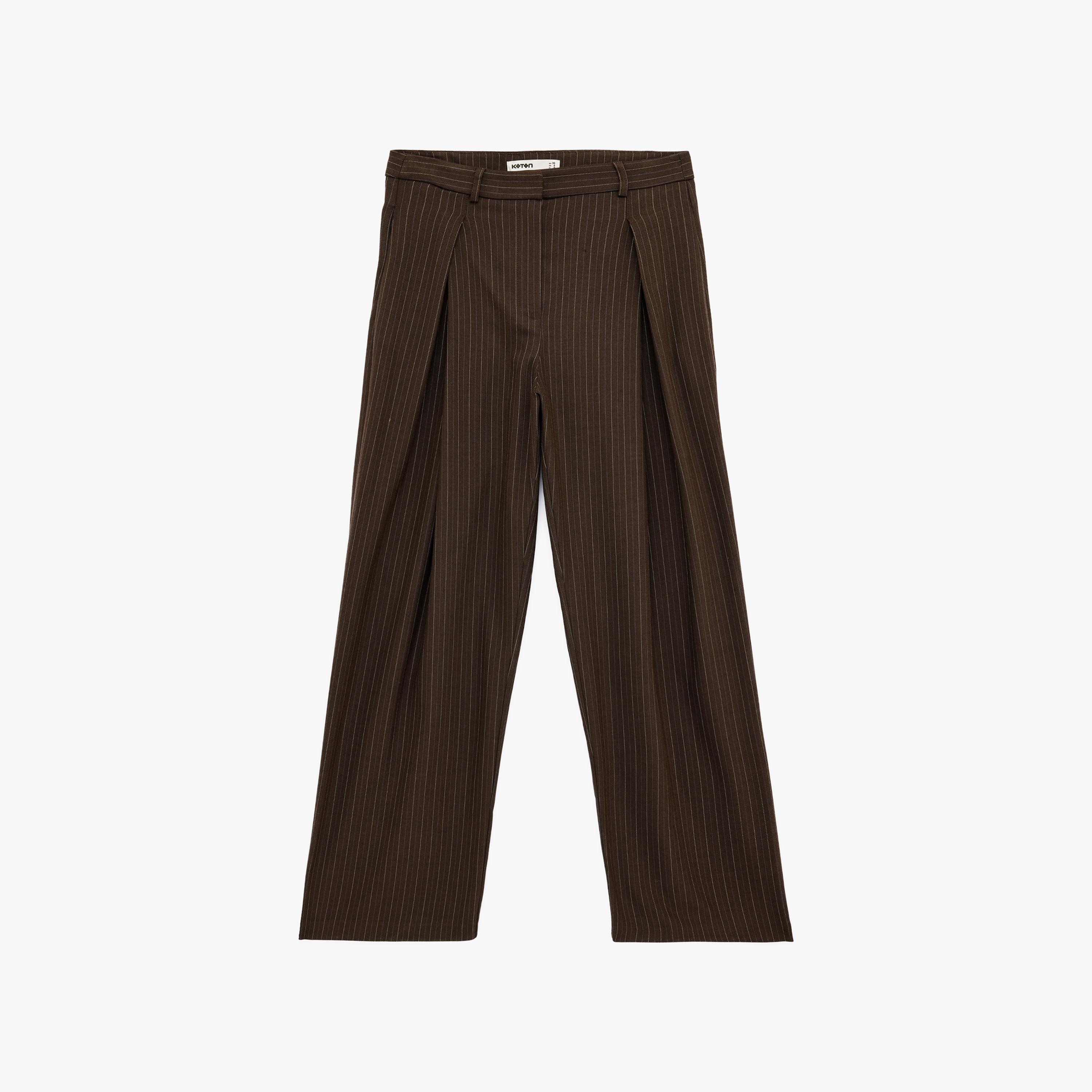 بنطلون نسائي واسع الساق بإغلاق مشبك وشريط وتصميم مخطط بني من كوتون-women-clothing-bottoms-trousers-image-4