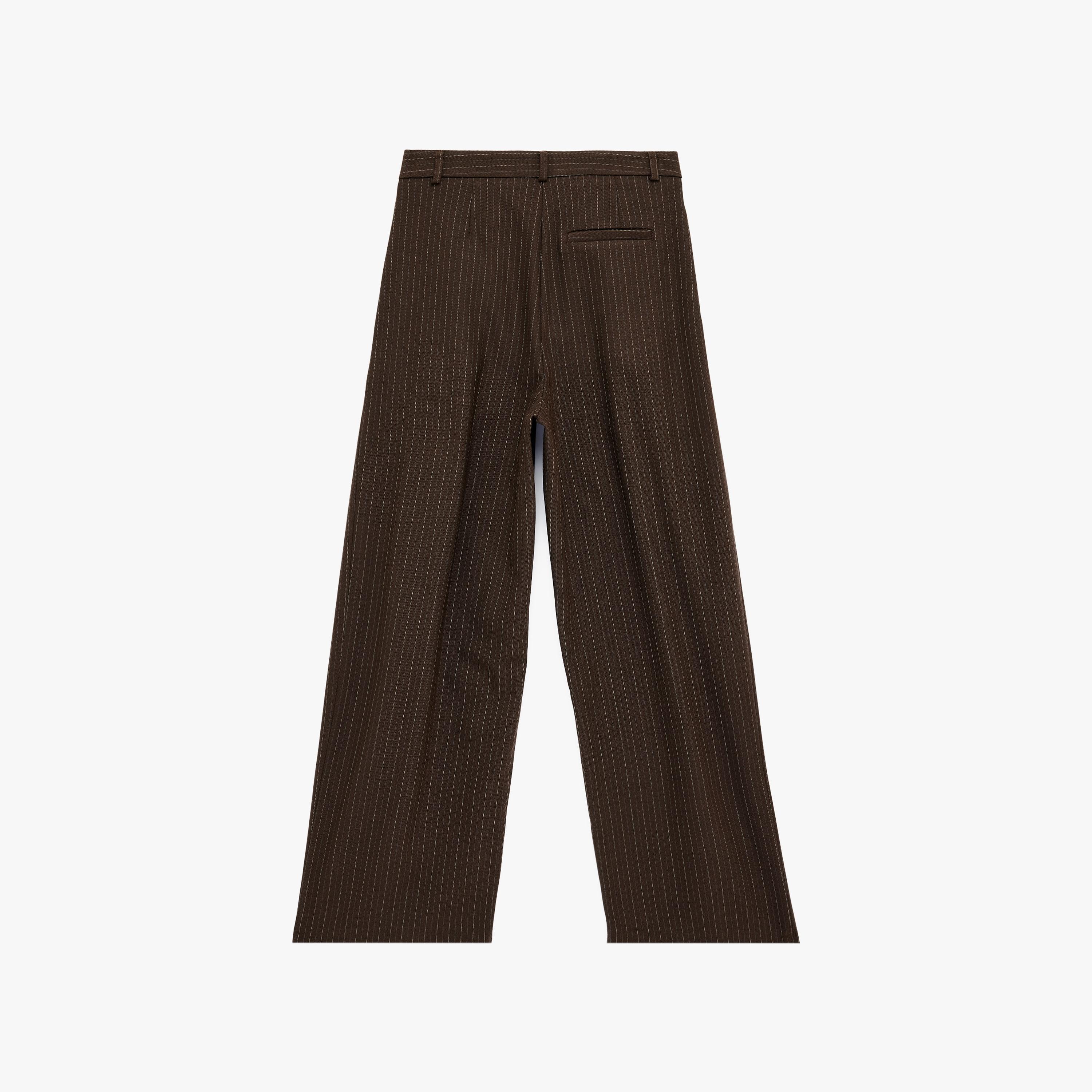 بنطلون نسائي واسع الساق بإغلاق مشبك وشريط وتصميم مخطط بني من كوتون-women-clothing-bottoms-trousers-image-5