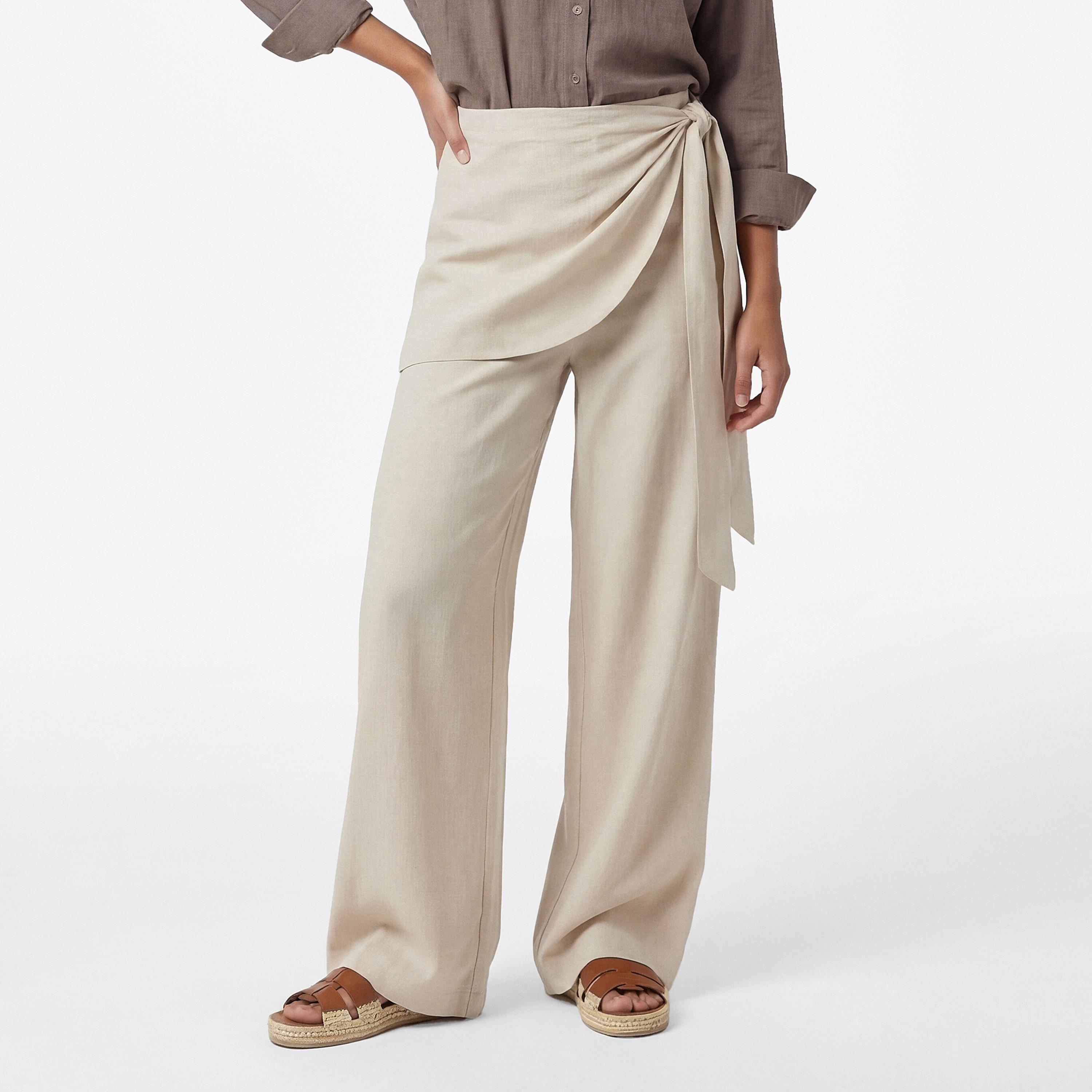 KOTON Beige Wrap Detailed Linen Elasticated Waist Wide Leg Women's Trousers-women-clothing-bottoms-trousers-image-1