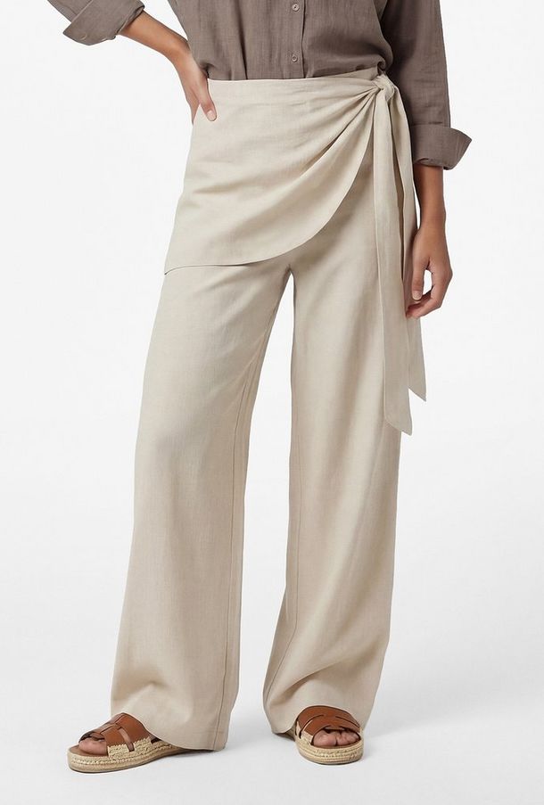 بنطلون نسائي واسع الساق بقماش كتان بخصر مطاطي وتفاصيل "لف" بلون بيج من كوتون-women-clothing-bottoms-trousers-image-1