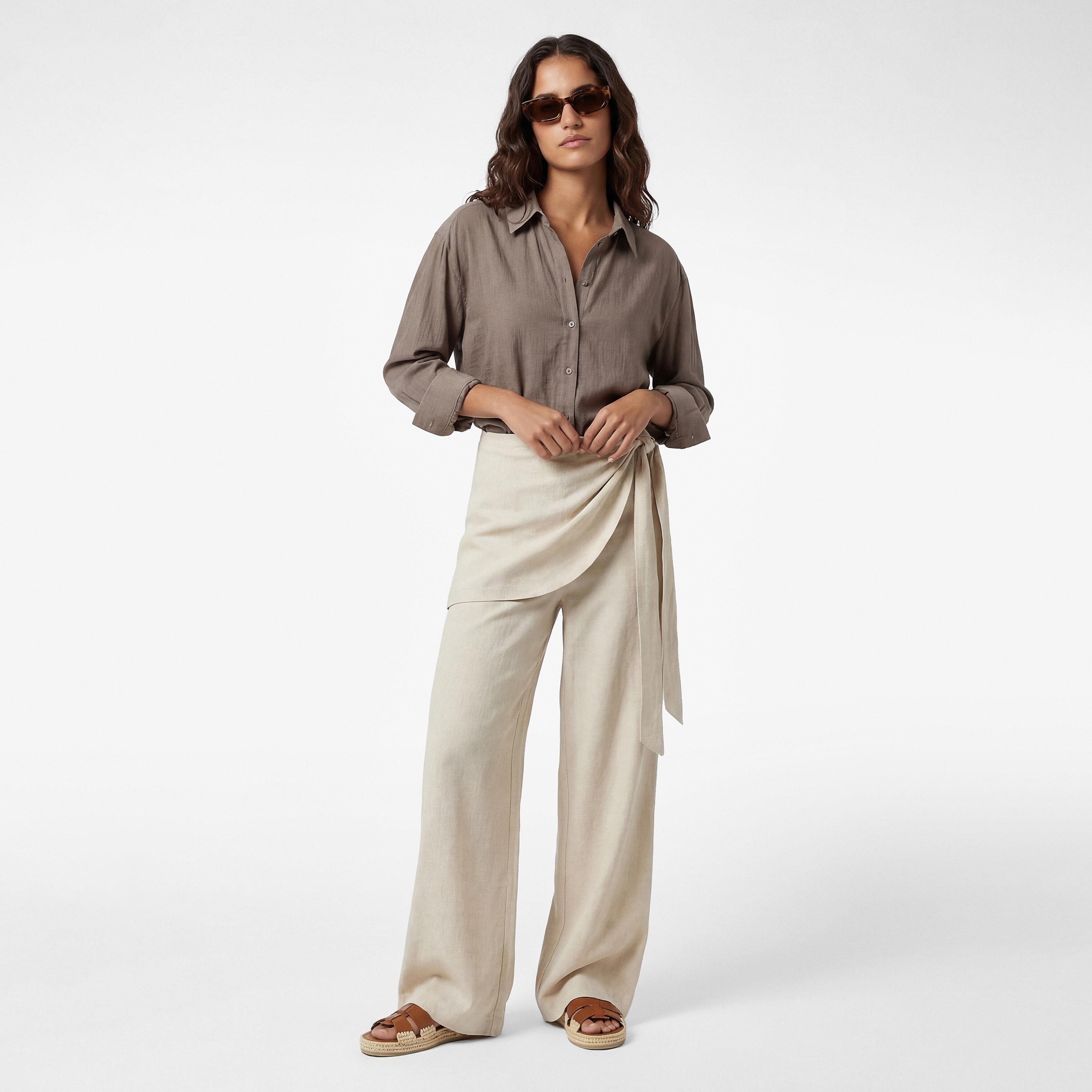 KOTON Beige Wrap Detailed Linen Elasticated Waist Wide Leg Women's Trousers-women-clothing-bottoms-trousers-image-2