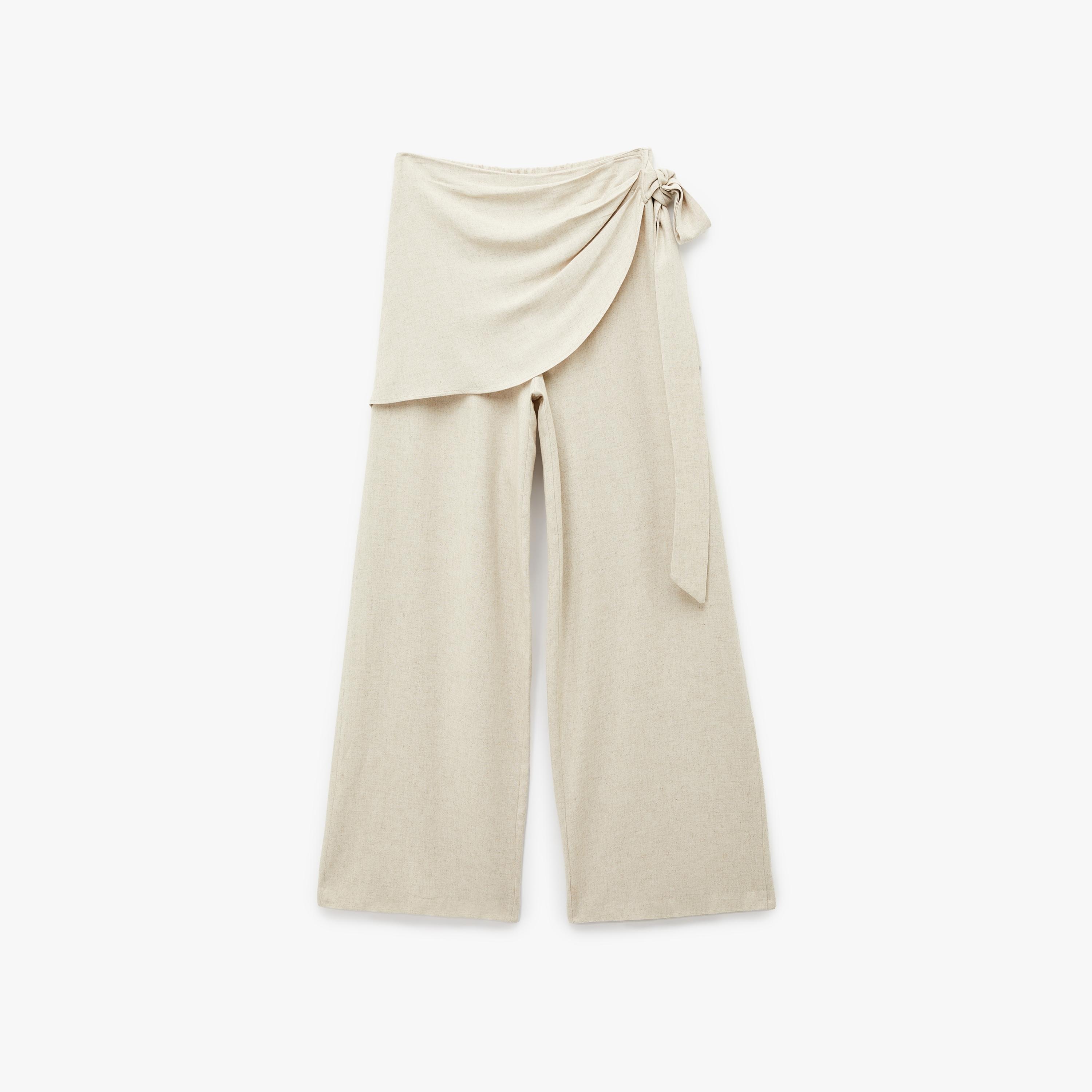 KOTON Beige Wrap Detailed Linen Elasticated Waist Wide Leg Women's Trousers-women-clothing-bottoms-trousers-image-3