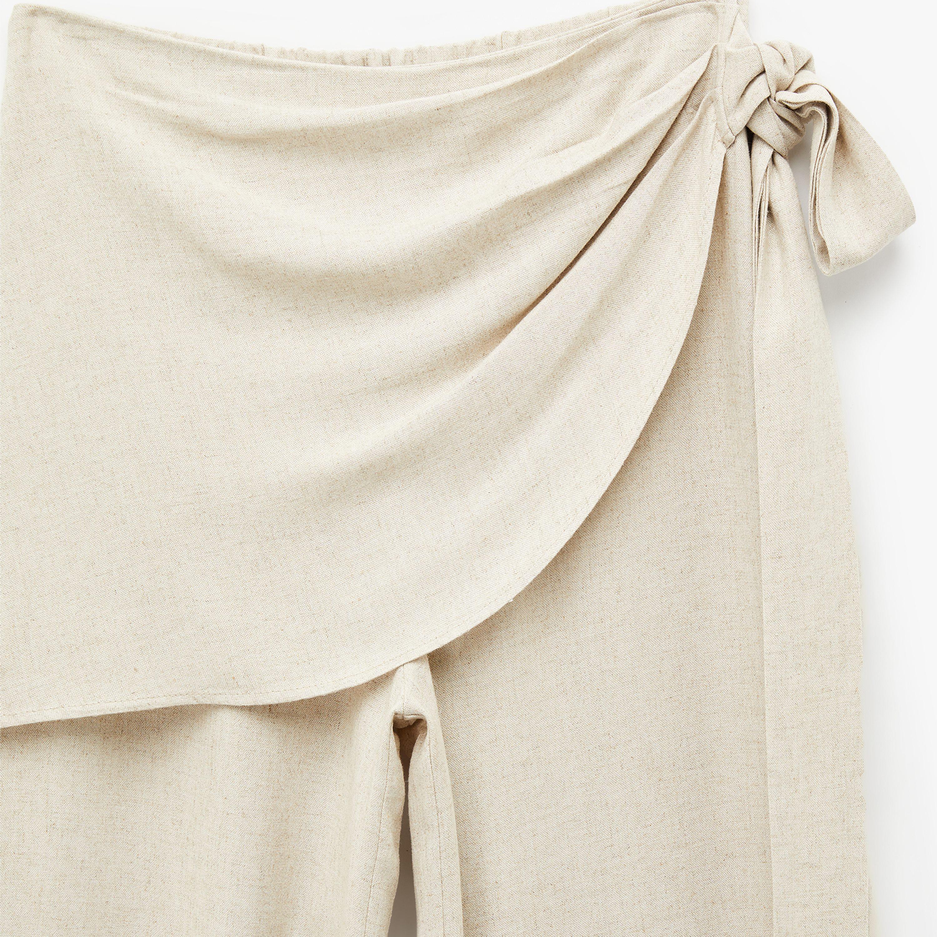 KOTON Beige Wrap Detailed Linen Elasticated Waist Wide Leg Women's Trousers-women-clothing-bottoms-trousers-image-5