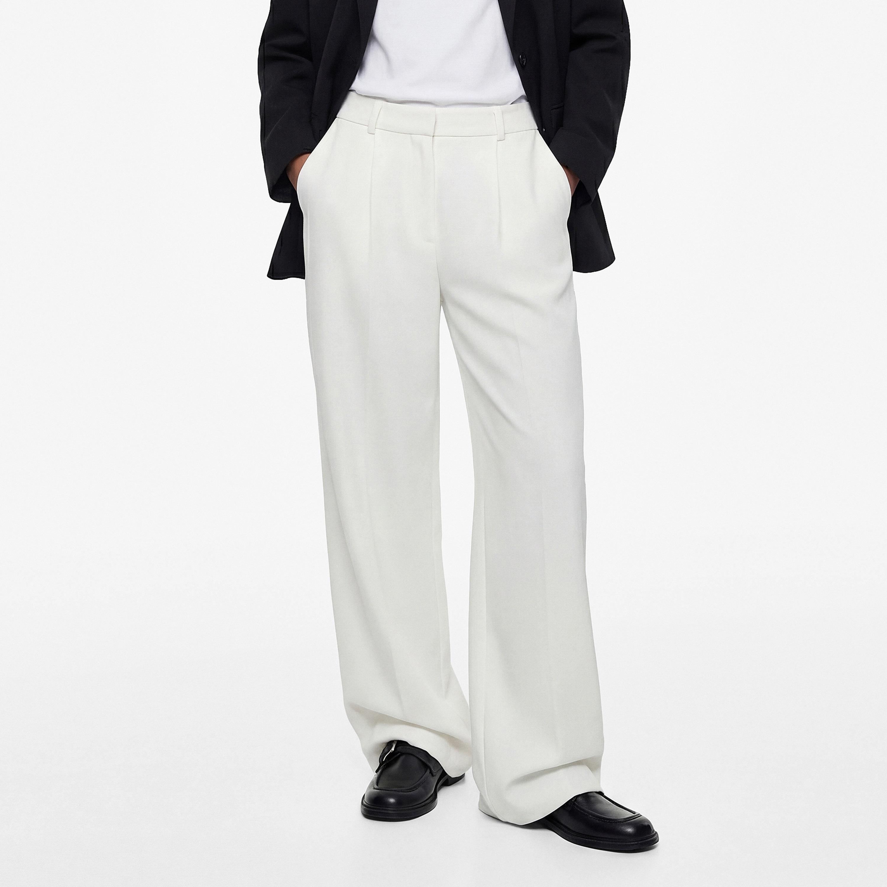 KOTON White Plain Crepe Hook and Bar Wide Leg Women's Trousers-women-clothing-bottoms-trousers-image-1
