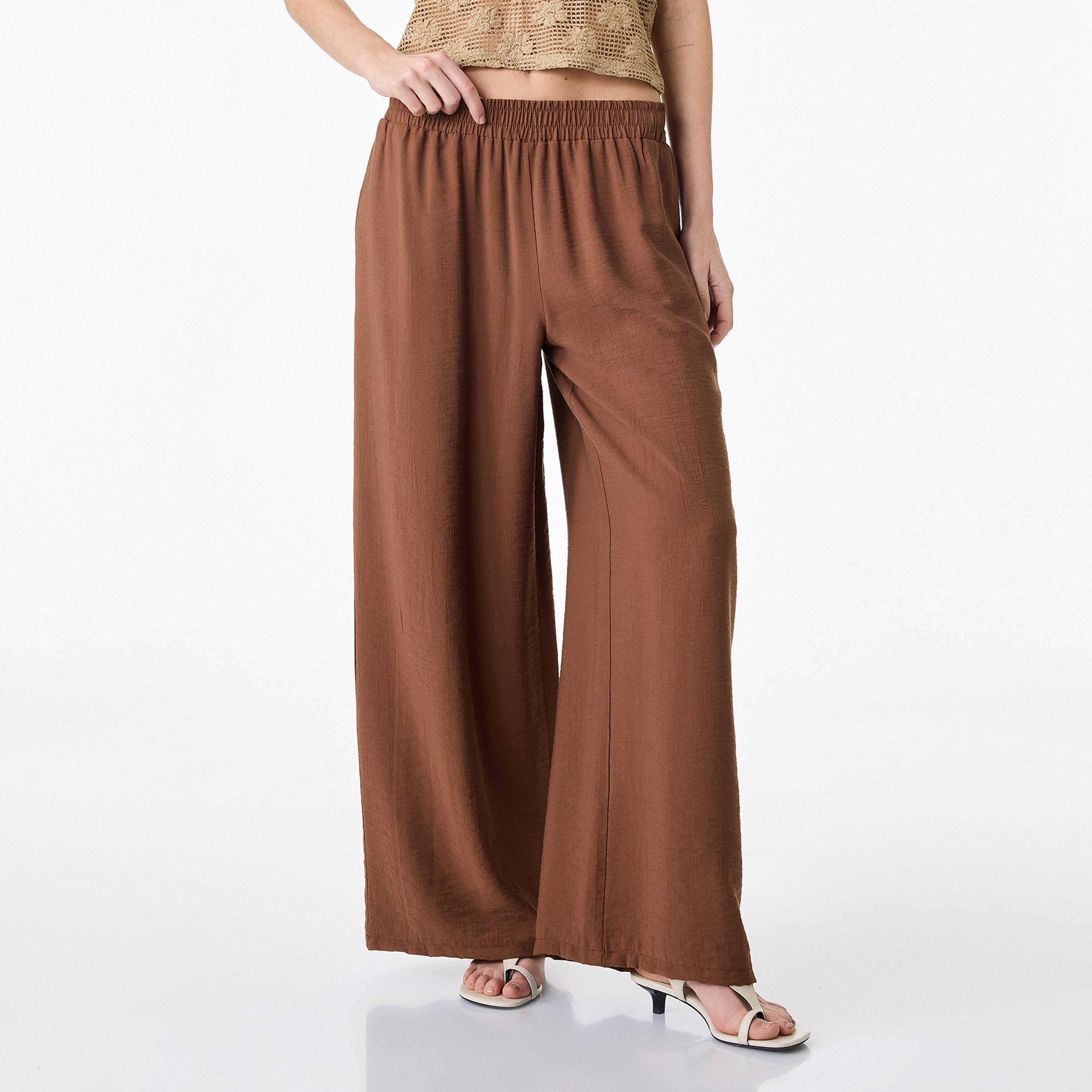KOTON Textured Elasticated Waist Wide Leg Women's Trousers-women-clothing-bottoms-trousers-image-1