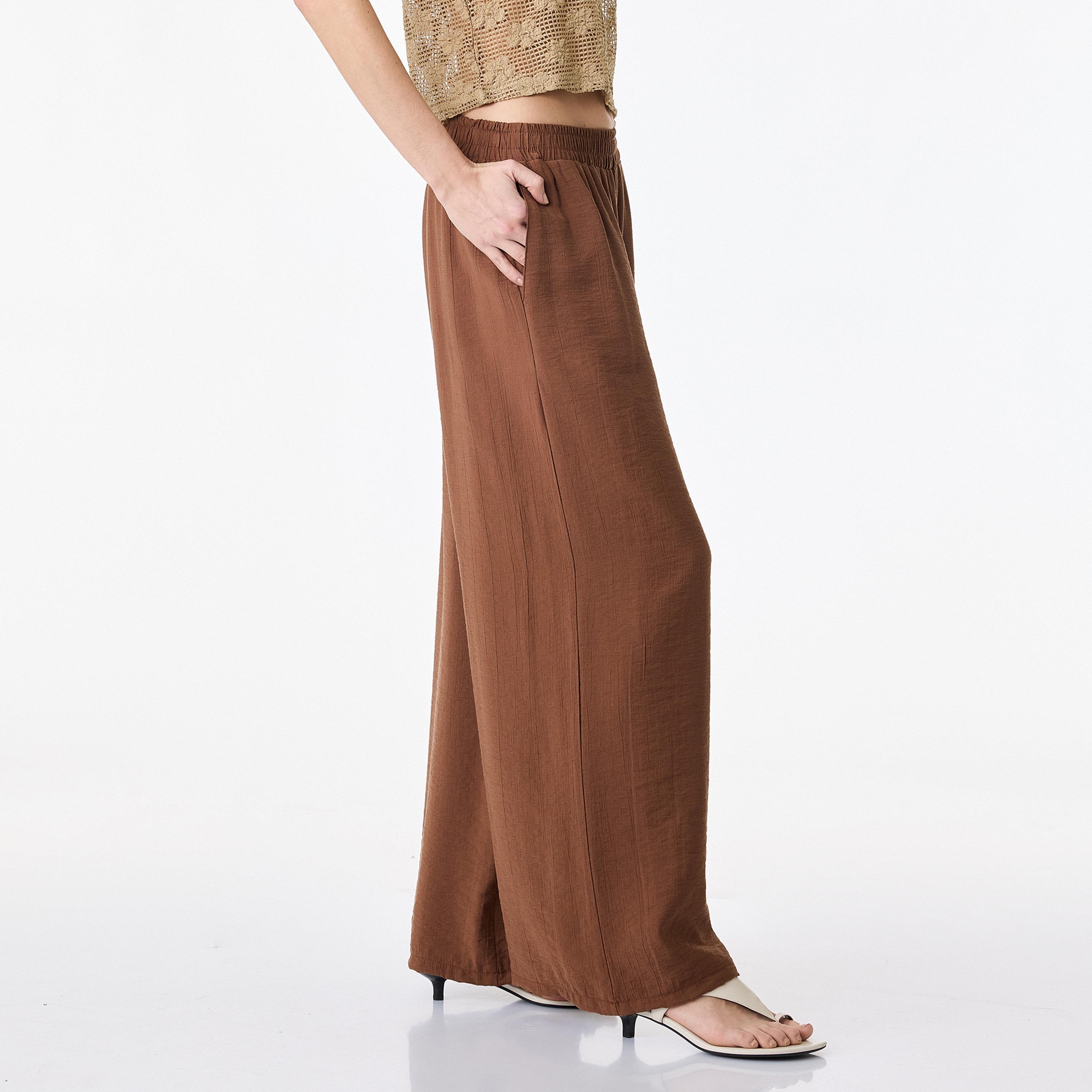 KOTON Textured Elasticated Waist Wide Leg Women's Trousers-women-clothing-bottoms-trousers-image-2