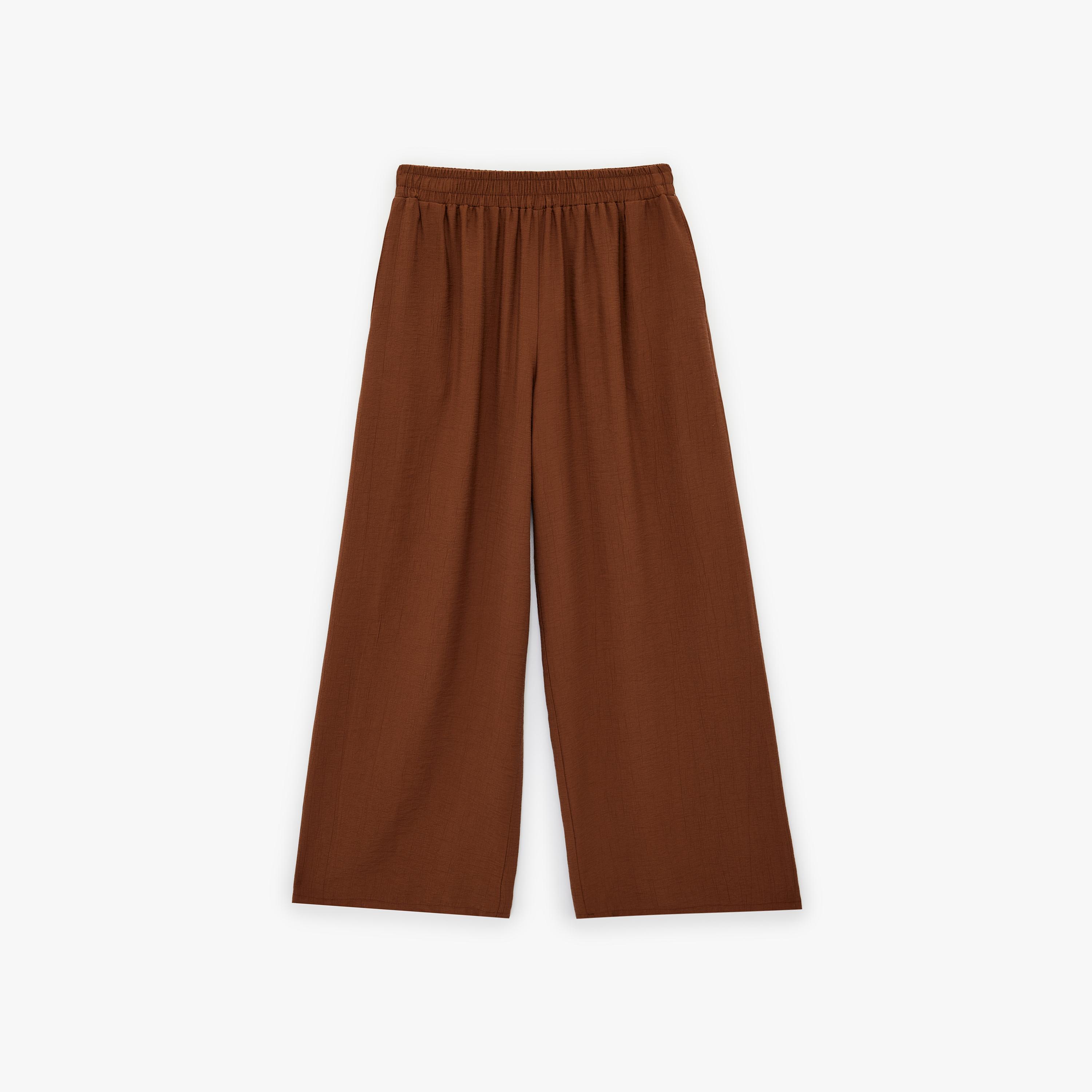 KOTON Textured Elasticated Waist Wide Leg Women's Trousers-women-clothing-bottoms-trousers-image-3