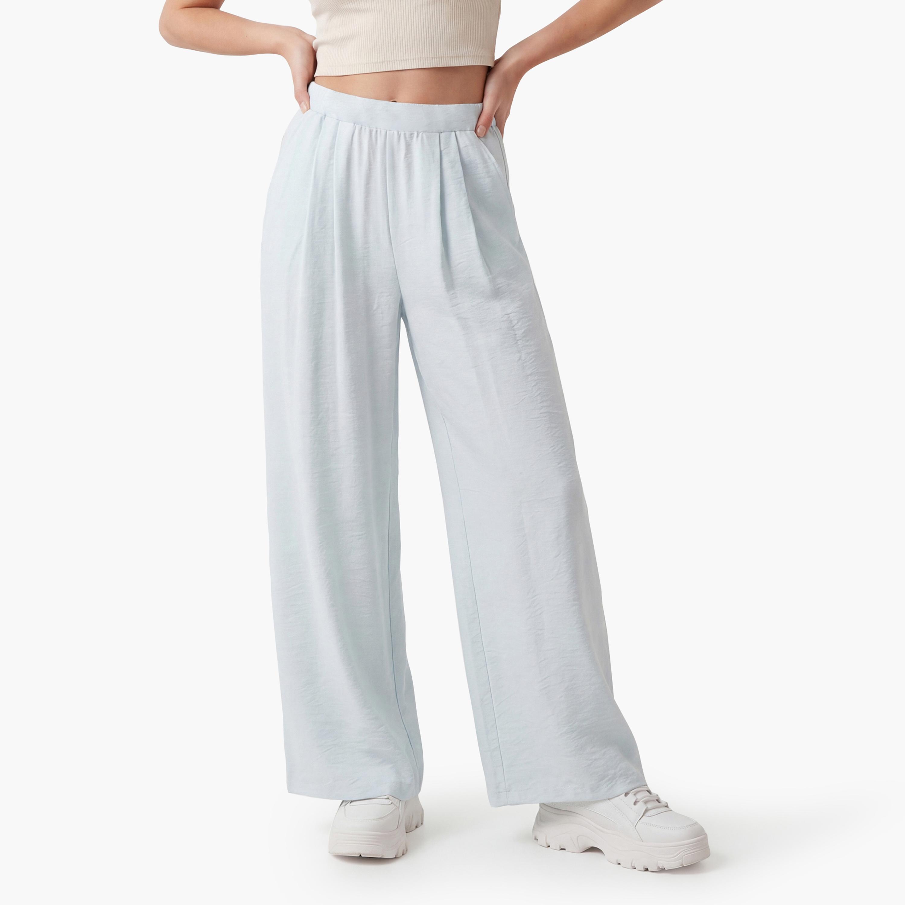 KOTON Light Blue Textured Semi-Elasticated Waist Wide Leg Women's Trousers-women-clothing-bottoms-trousers-image-1