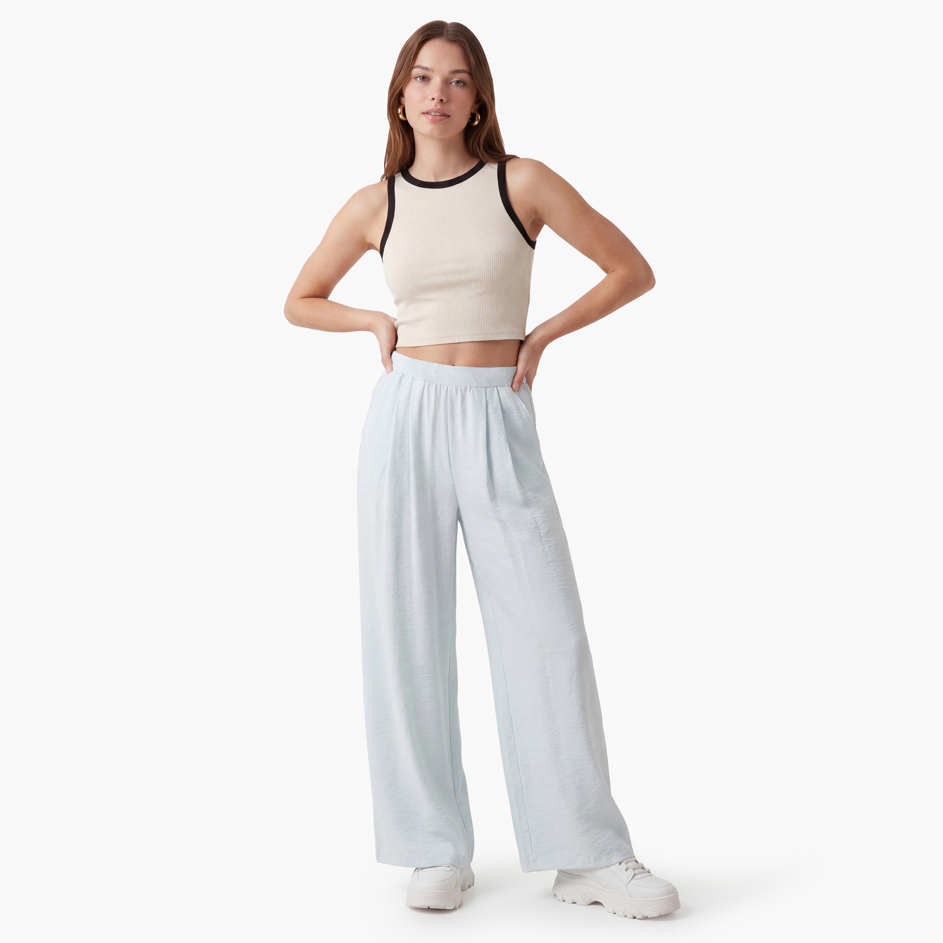 KOTON Light Blue Textured Semi-Elasticated Waist Wide Leg Women's Trousers-women-clothing-bottoms-trousers-image-2