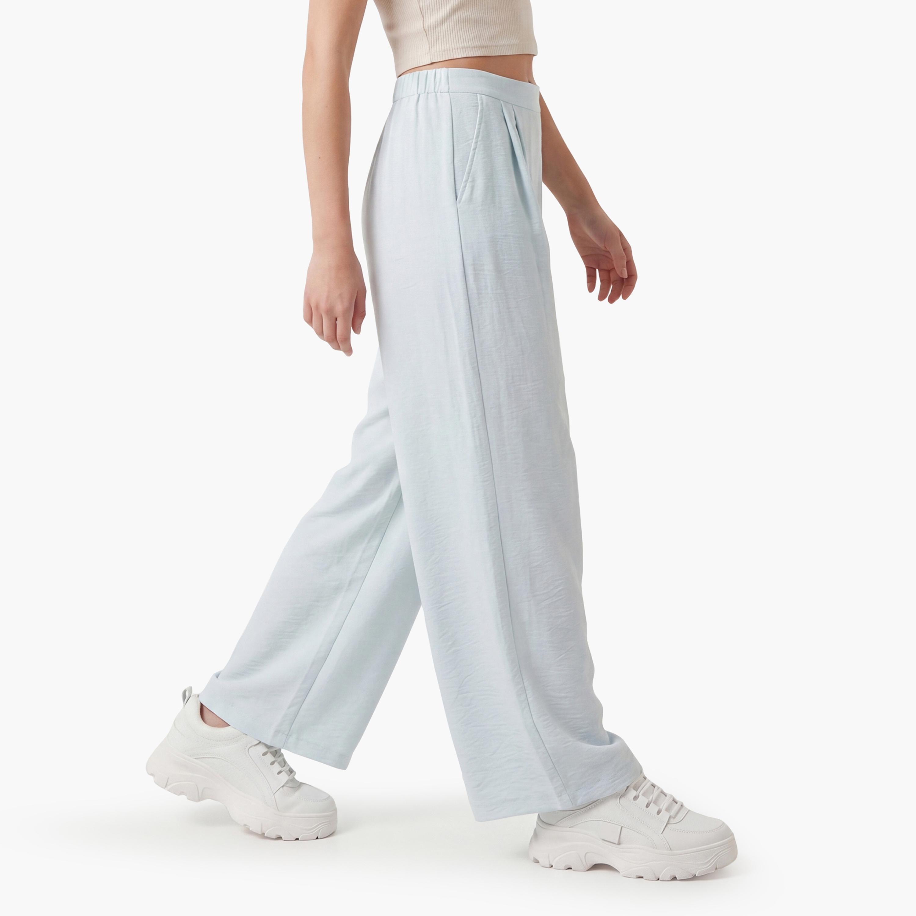 KOTON Light Blue Textured Semi-Elasticated Waist Wide Leg Women's Trousers-women-clothing-bottoms-trousers-image-3