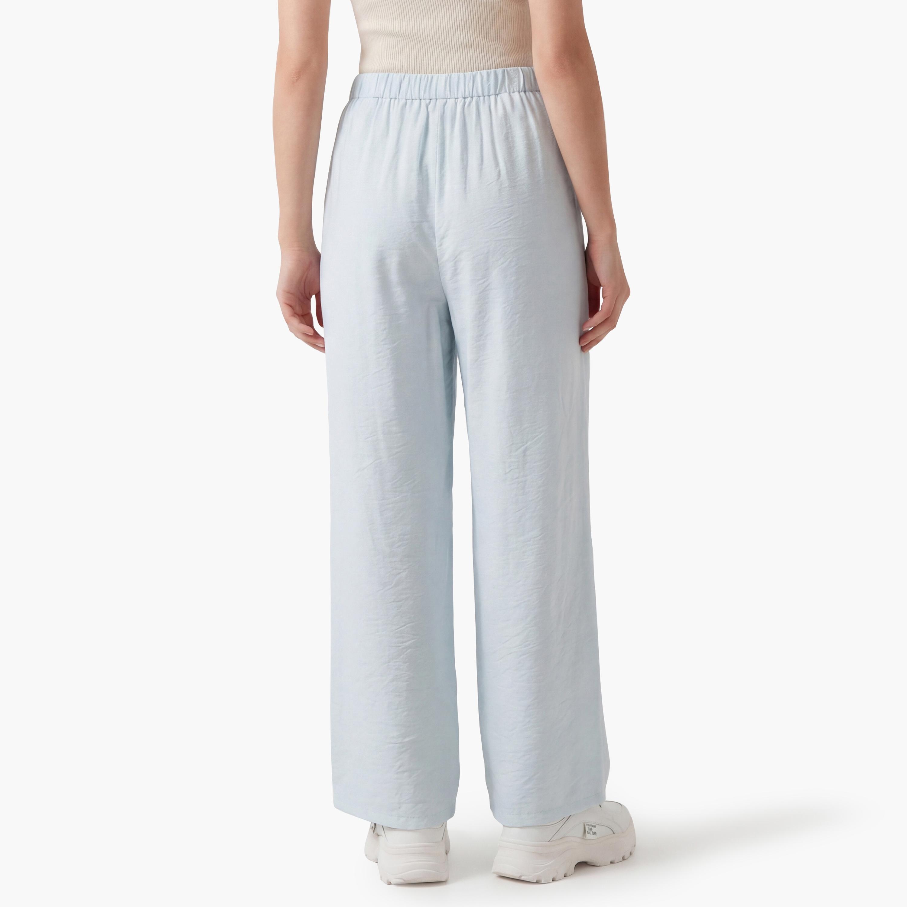 KOTON Light Blue Textured Semi-Elasticated Waist Wide Leg Women's Trousers-women-clothing-bottoms-trousers-image-4