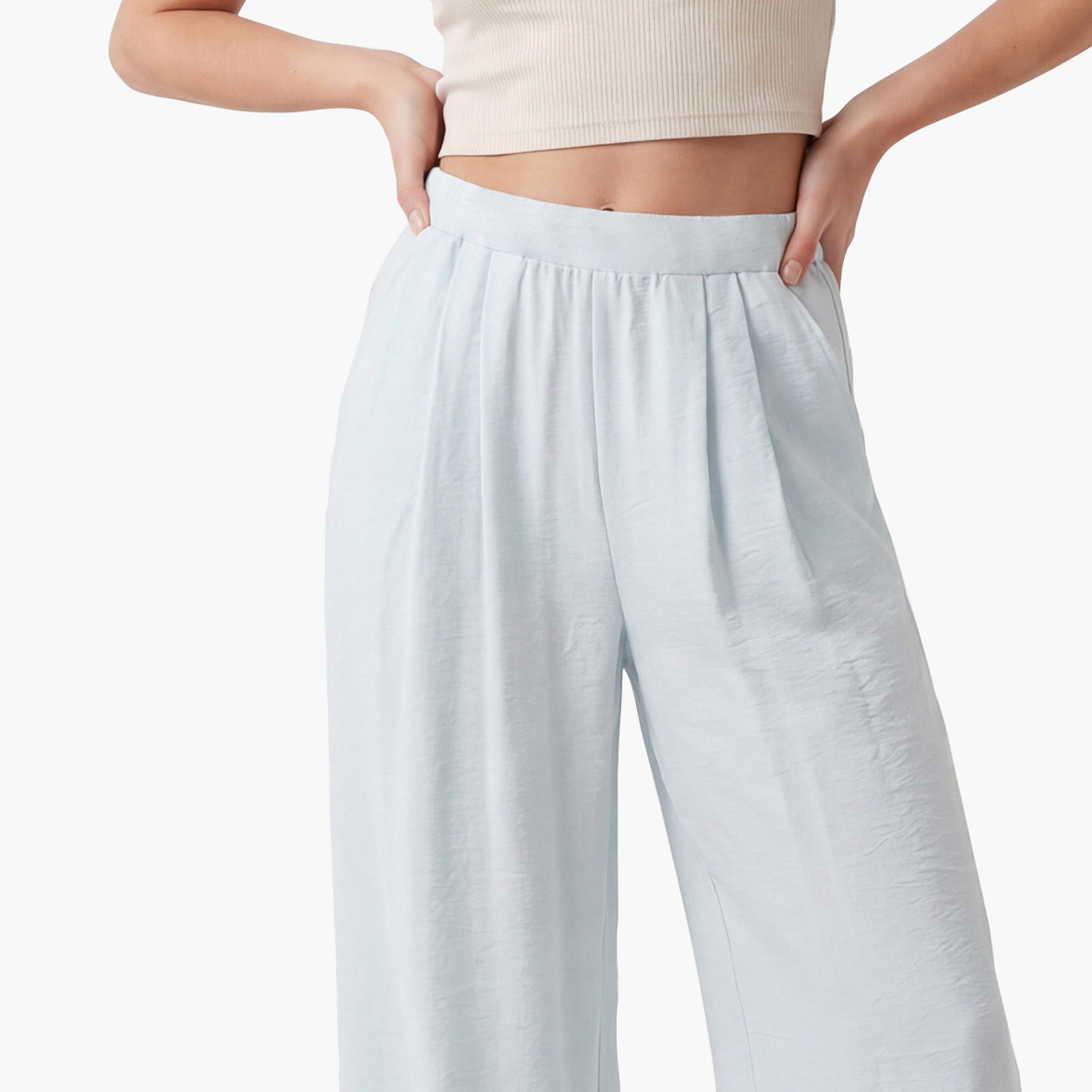 KOTON Light Blue Textured Semi-Elasticated Waist Wide Leg Women's Trousers-women-clothing-bottoms-trousers-image-5