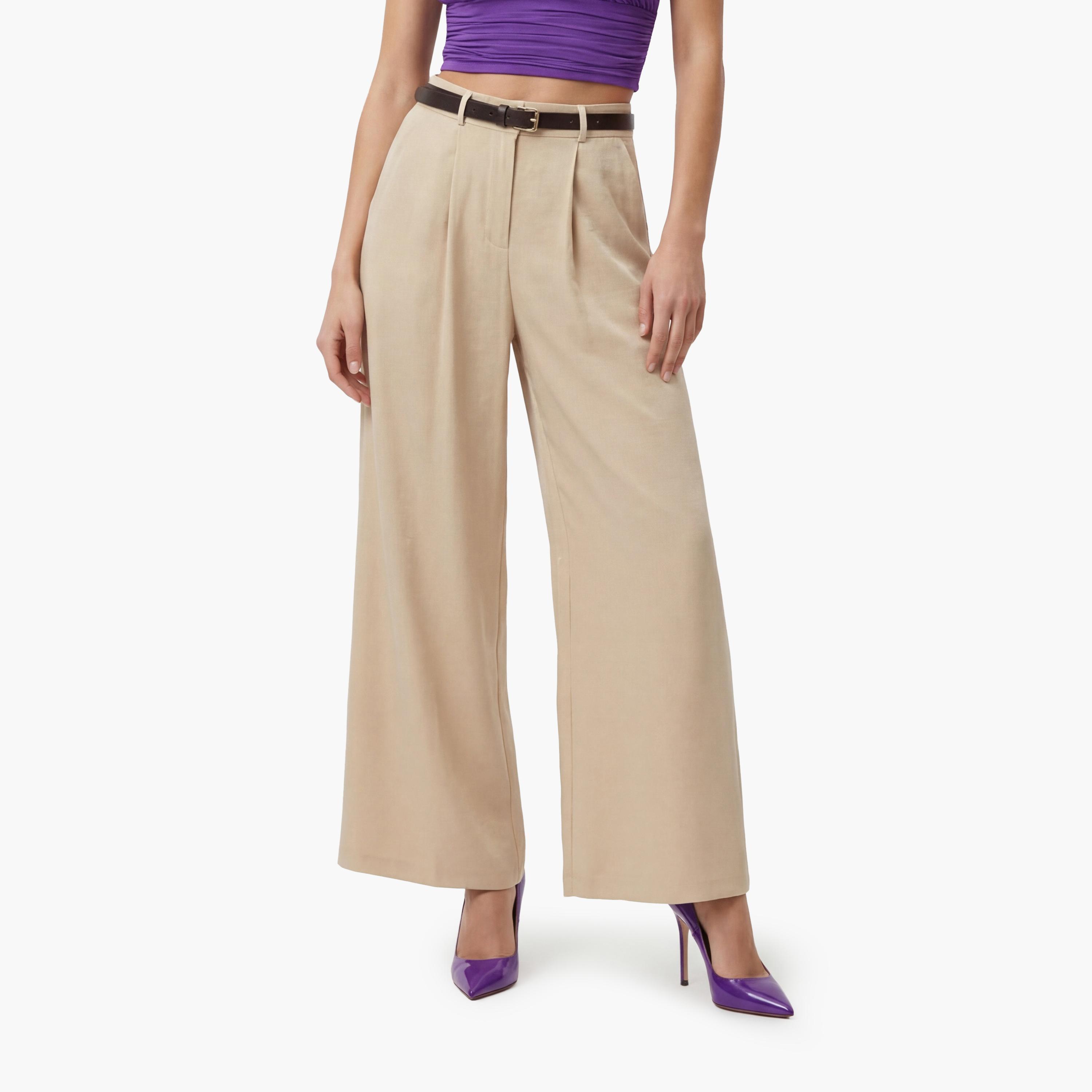 KOTON Beige Plain Modal Hook and Bar Wide Leg Women's Trousers-women-clothing-bottoms-trousers-image-1