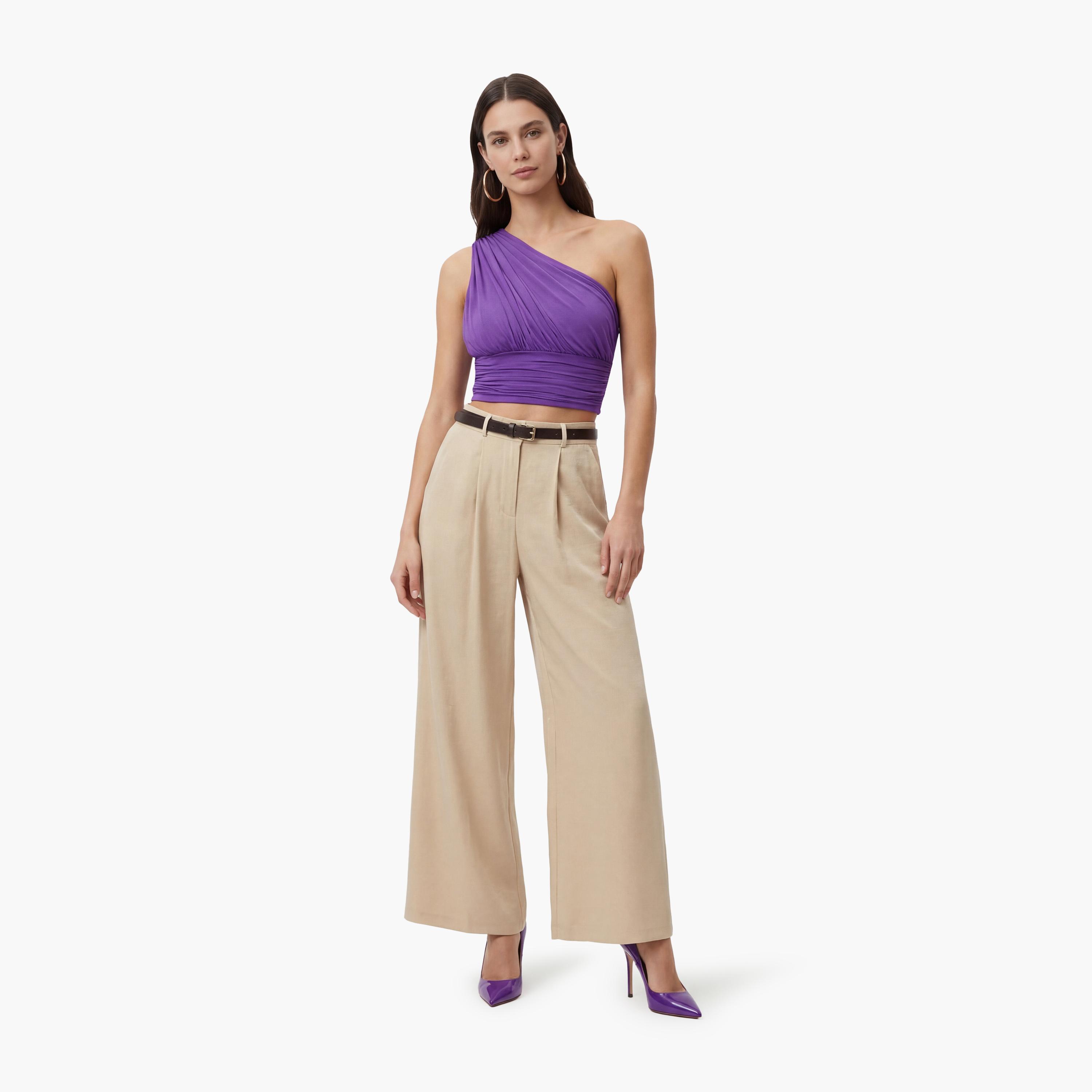 KOTON Beige Plain Modal Hook and Bar Wide Leg Women's Trousers-women-clothing-bottoms-trousers-image-2