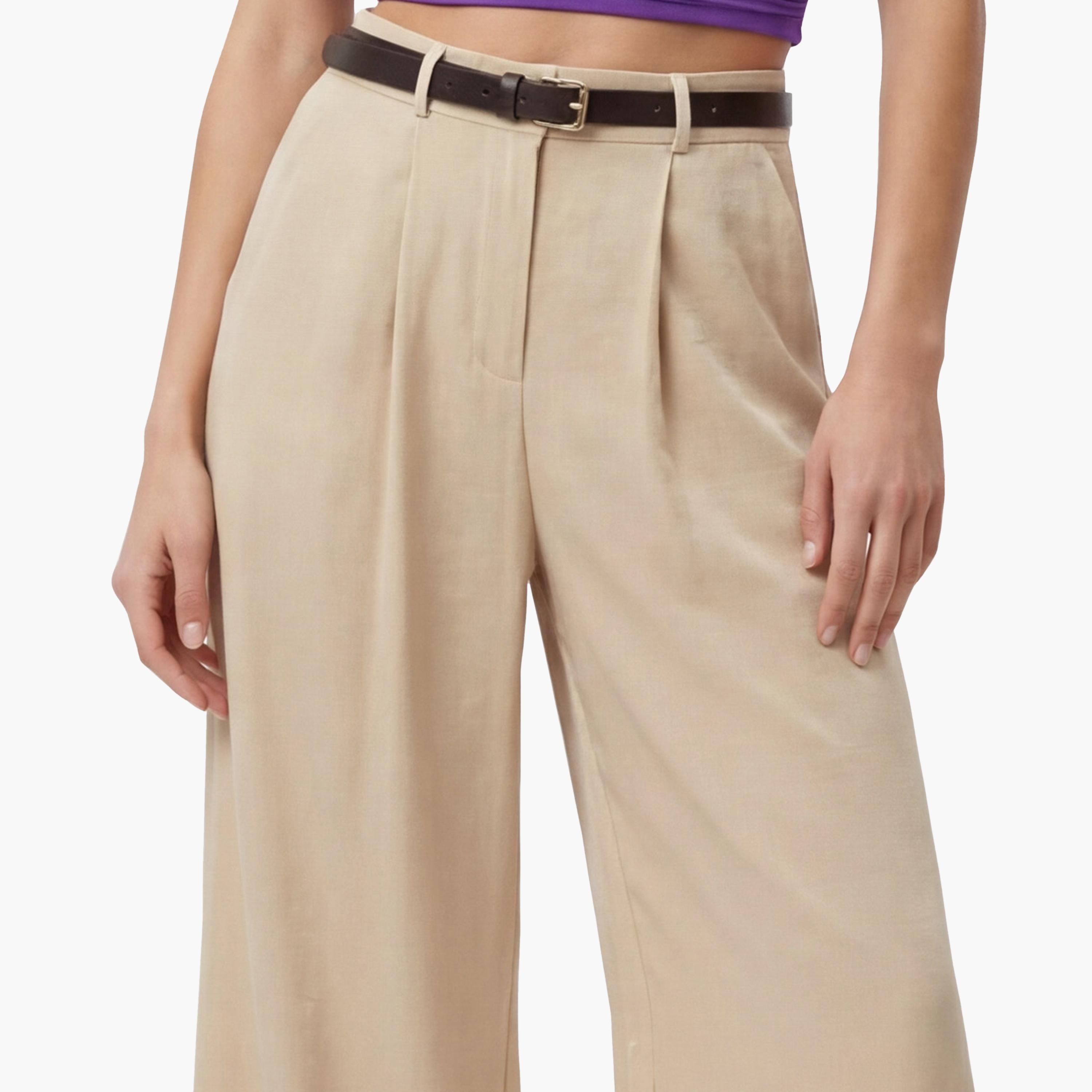 KOTON Beige Plain Modal Hook and Bar Wide Leg Women's Trousers-women-clothing-bottoms-trousers-image-5