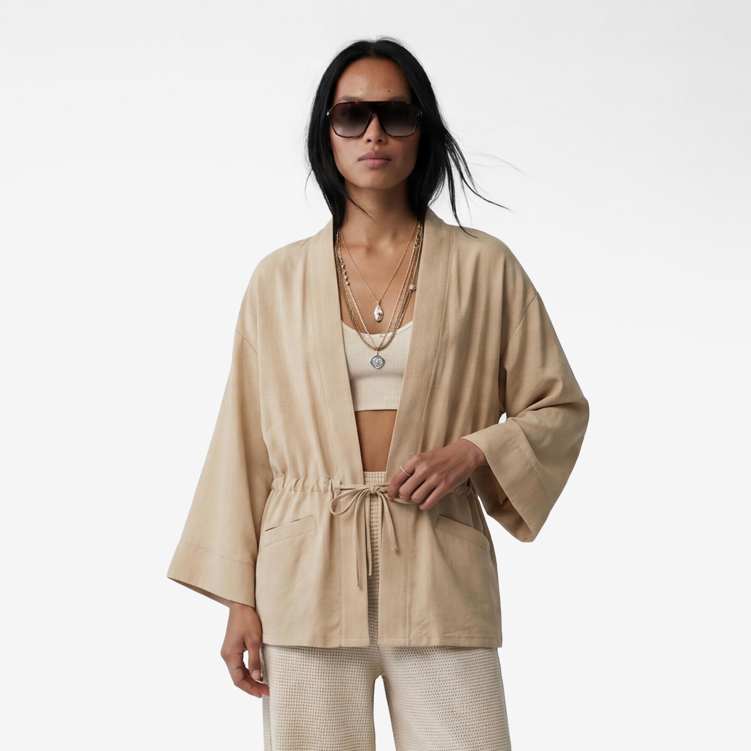 KOTON Beige Shawl Neck Raglan Sleeves Women's Kimono-women-clothing-shirtsandblouses-blouses-image-1