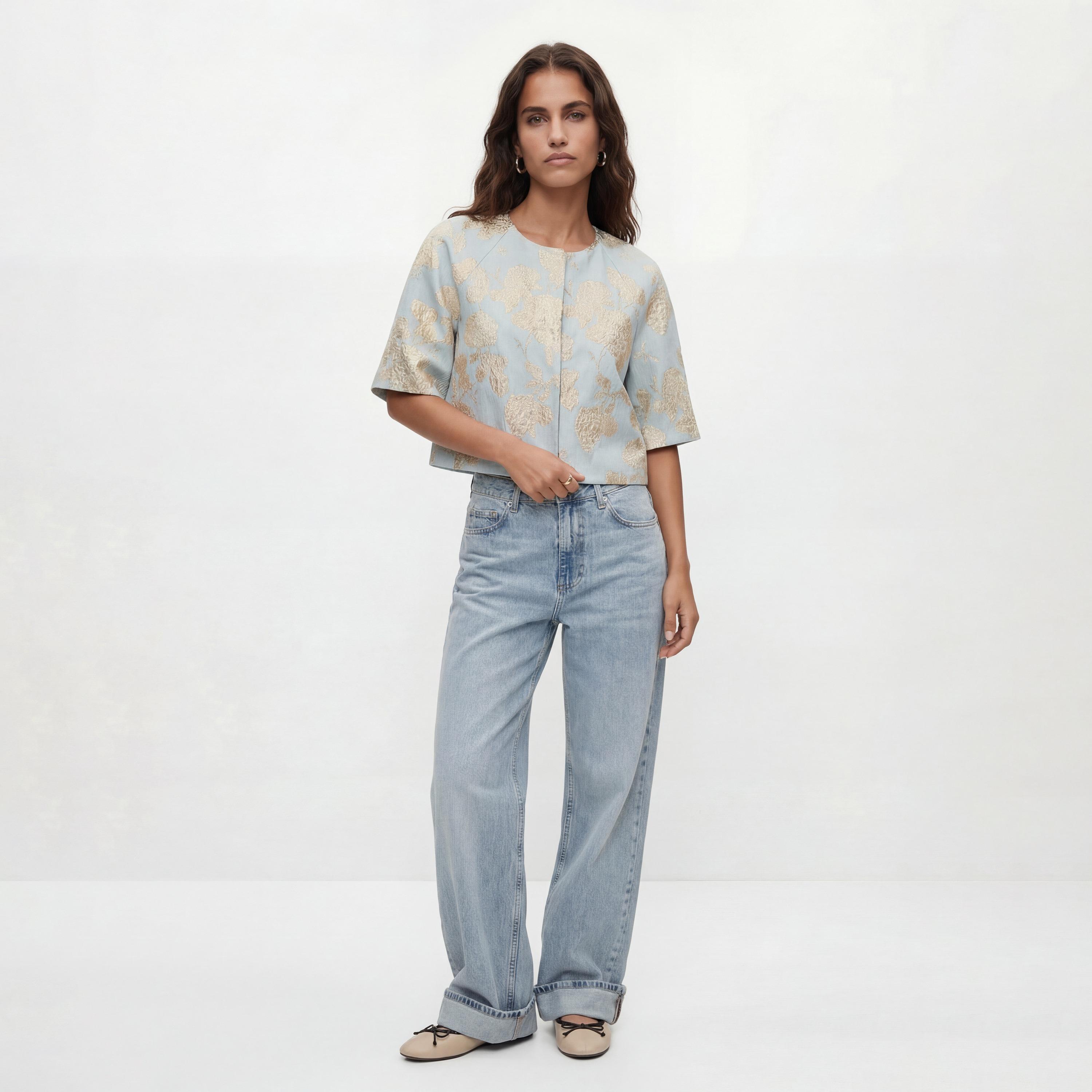 KOTON Blue Floral Metallic Embroidered Women's Top-women-clothing-shirtsandblouses-blouses-image-2