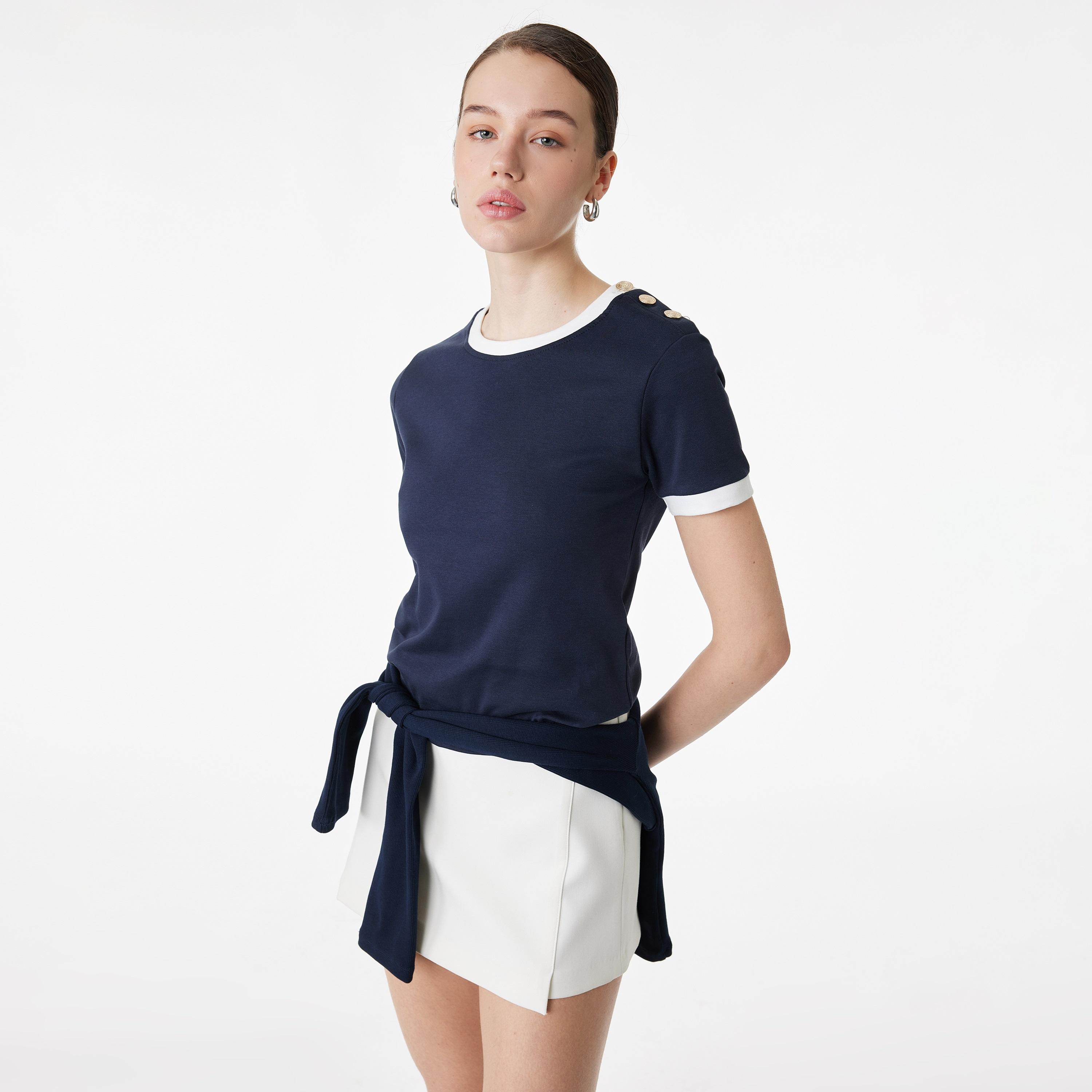 KOTON Navy Cotton Women's T-Shirt-women-clothing-tshirts-image-2