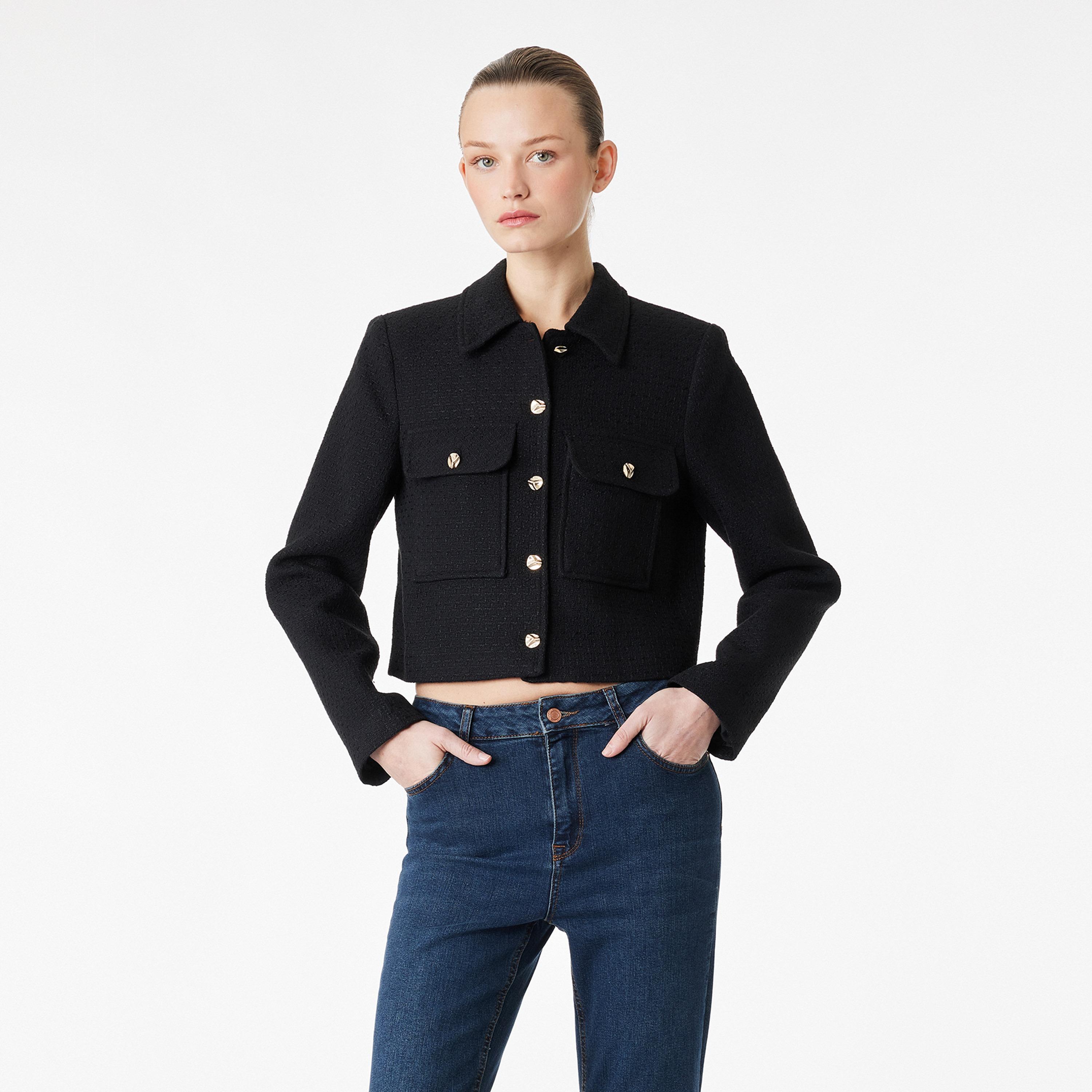 KOTON Black Tweed Collared Women's Jacket-women-winterwear-coatsandjackets-jackets-image-1