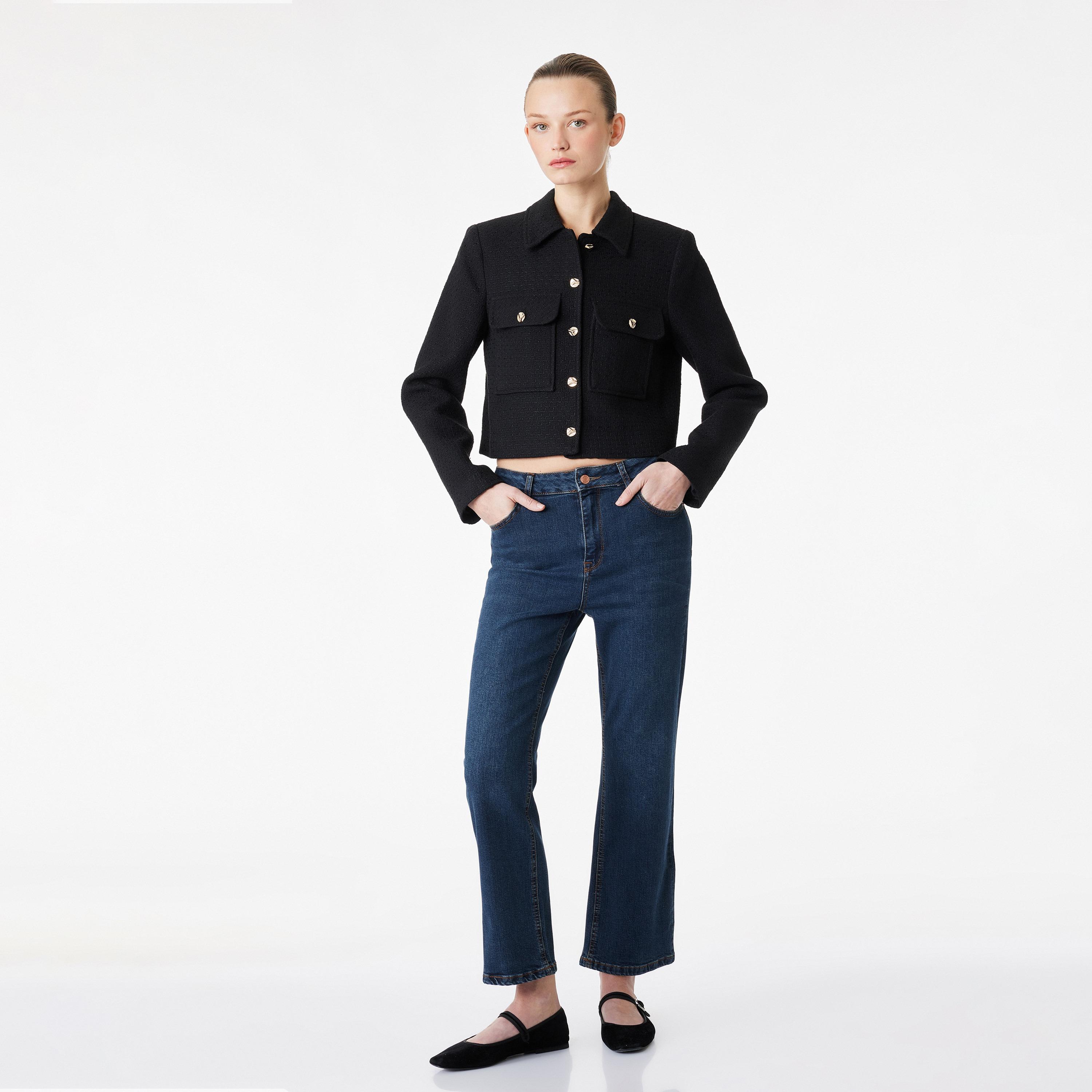 KOTON Black Tweed Collared Women's Jacket-women-winterwear-coatsandjackets-jackets-image-2