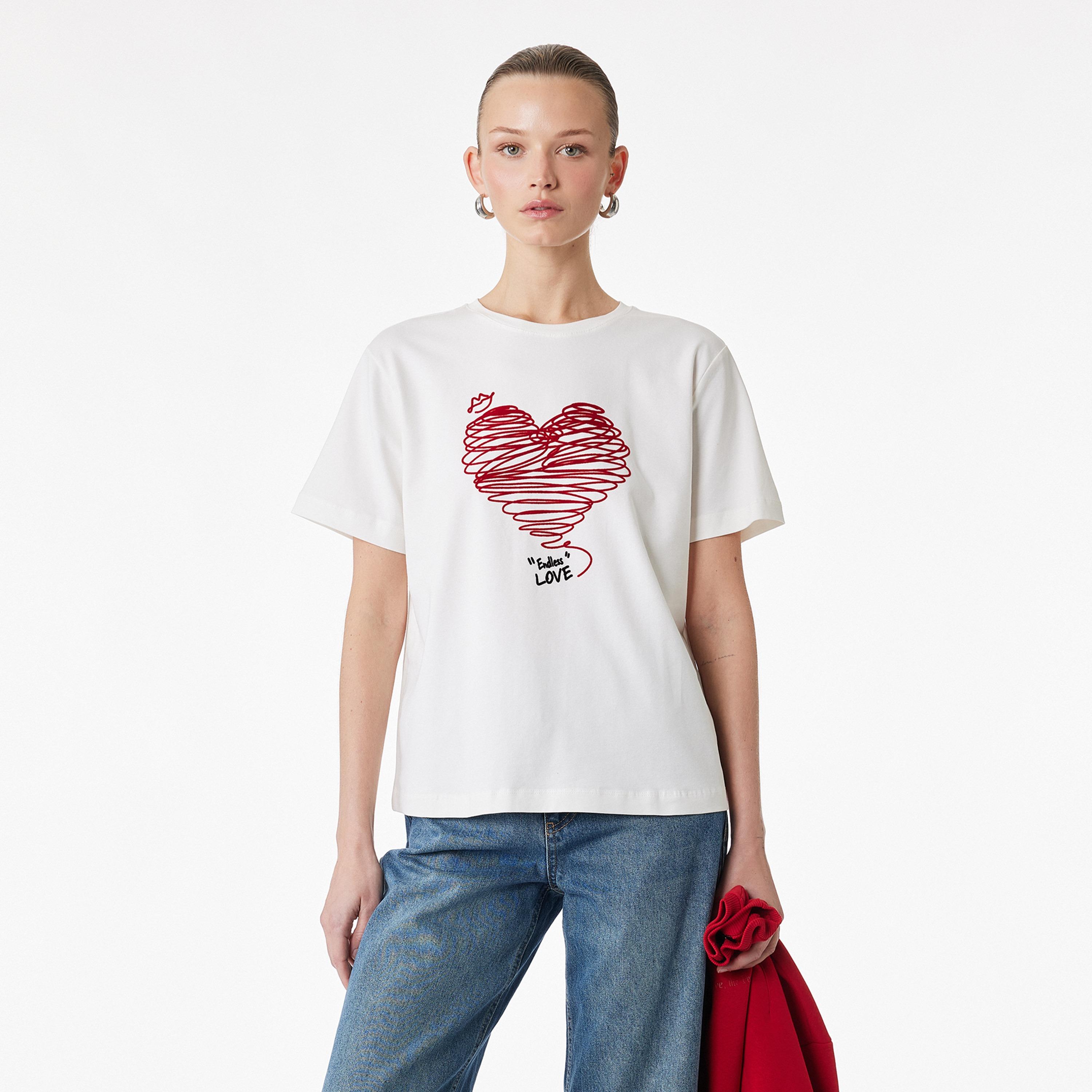 KOTON White Heart Print Women's T-Shirt-women-clothing-tshirts-image-1