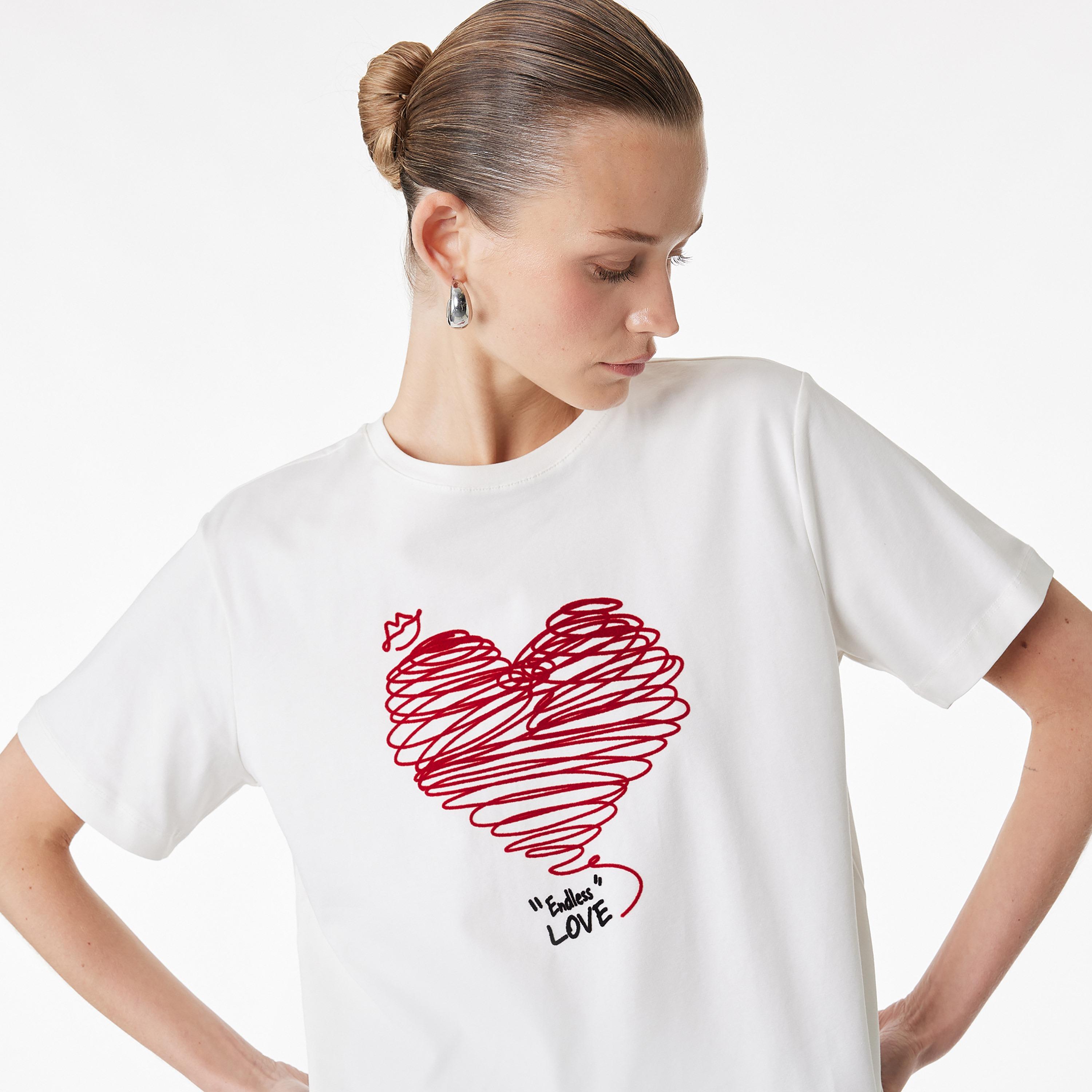 KOTON White Heart Print Women's T-Shirt-women-clothing-tshirts-image-3