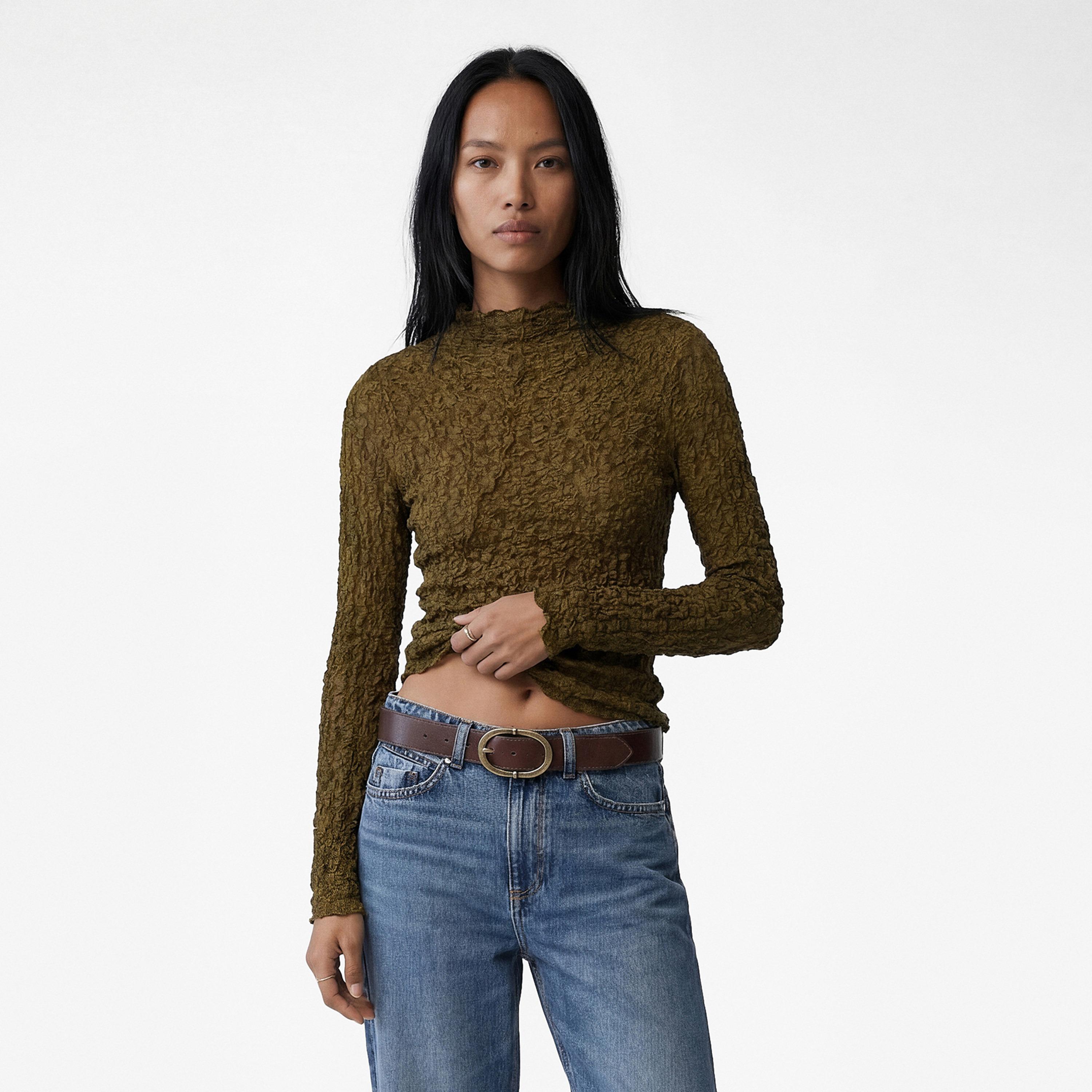 KOTON Olive Crinkled High Neck Women's Top-women-clothing-shirtsandblouses-blouses-image-1