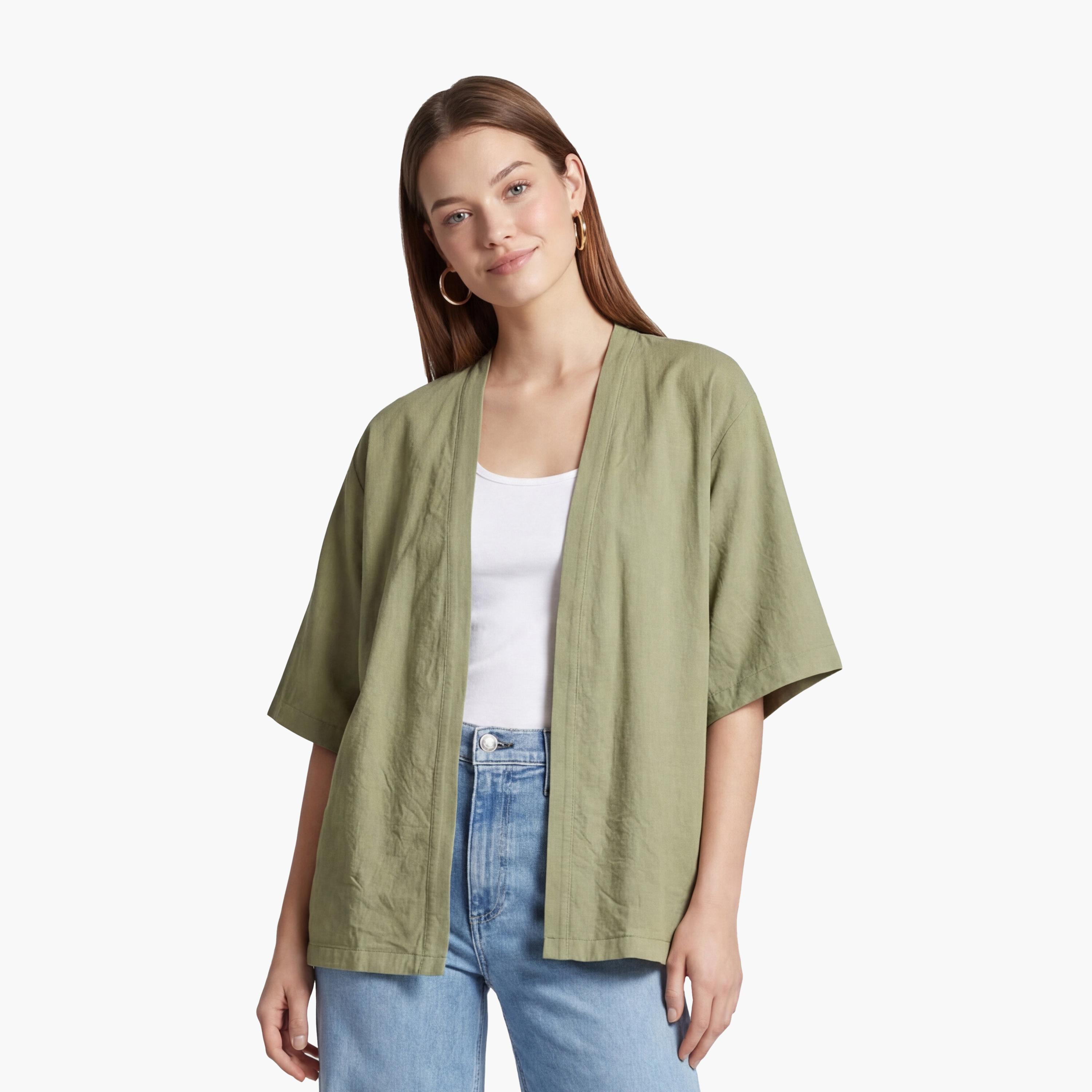 كيمونو نسائي بتصميم مفتوح من الأمام بلون أخضر من كوتون-women-clothing-shirtsandblouses-blouses-image-1