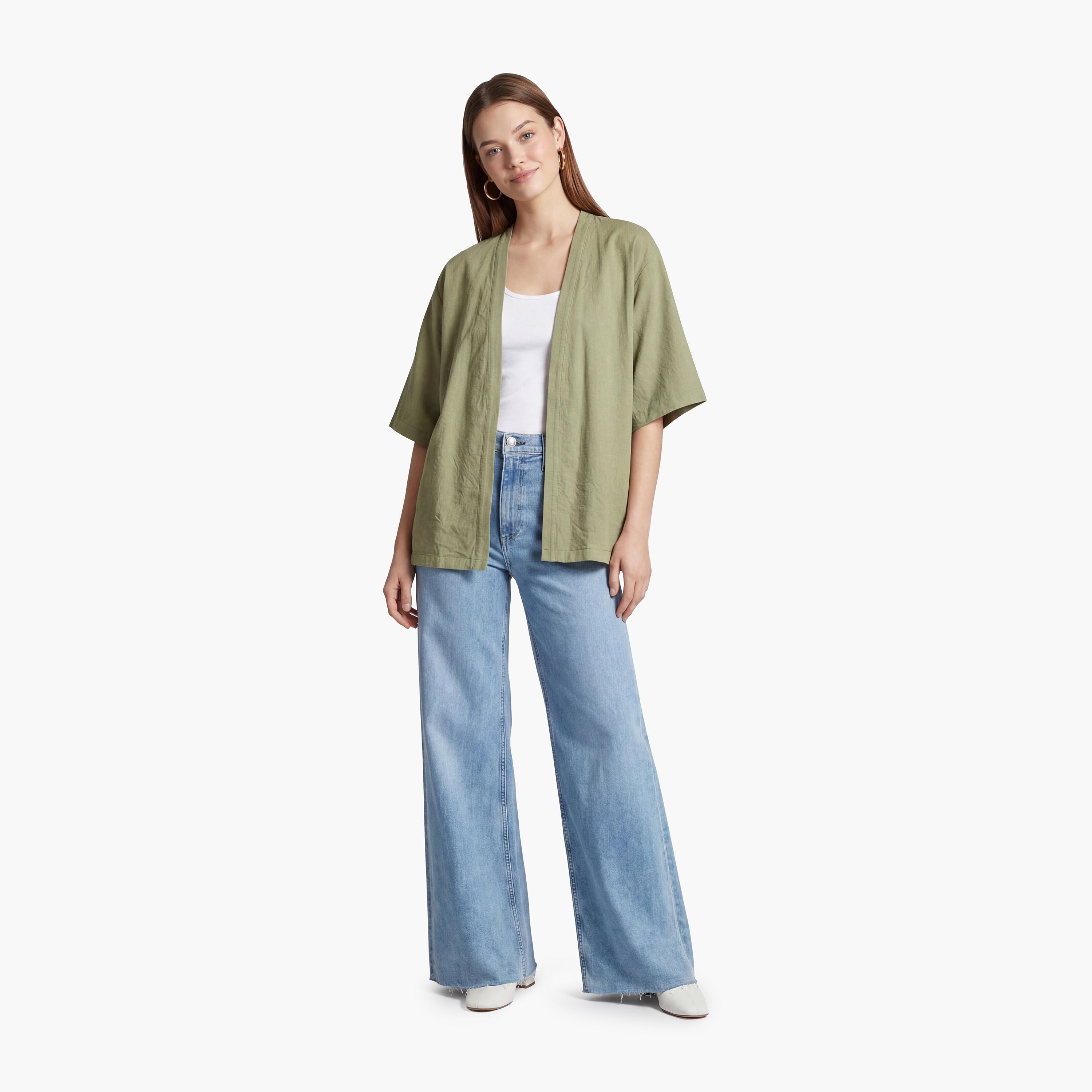 كيمونو نسائي بتصميم مفتوح من الأمام بلون أخضر من كوتون-women-clothing-shirtsandblouses-blouses-image-2