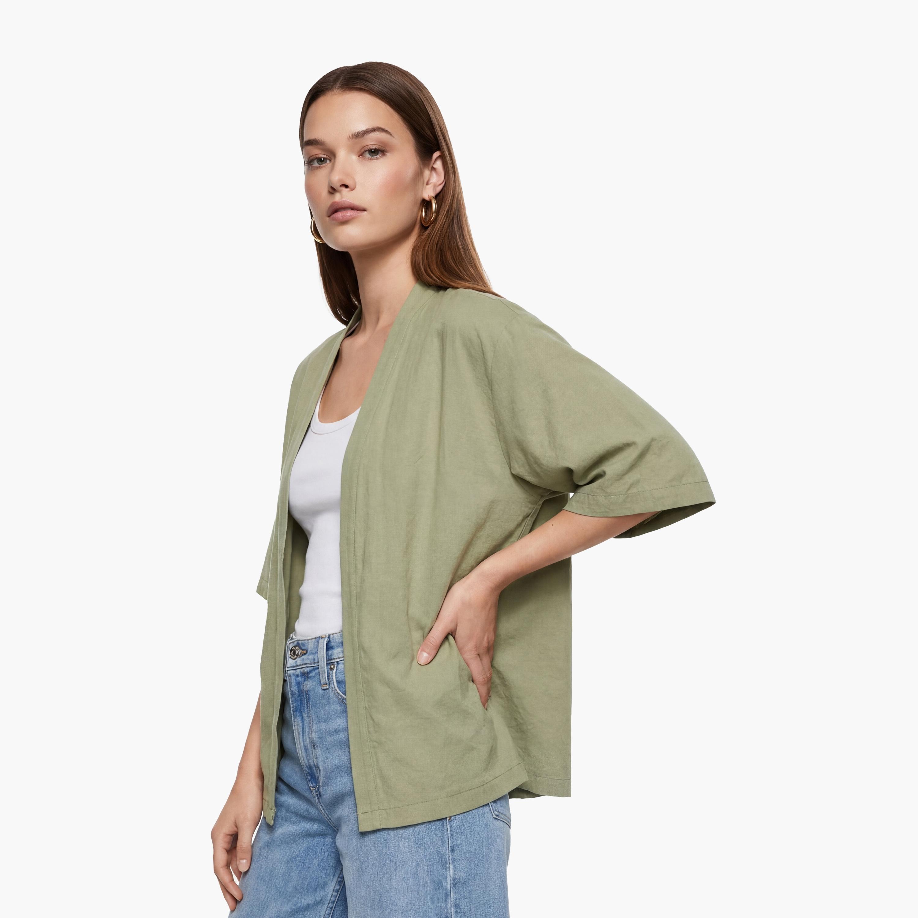 كيمونو نسائي بتصميم مفتوح من الأمام بلون أخضر من كوتون-women-clothing-shirtsandblouses-blouses-image-3