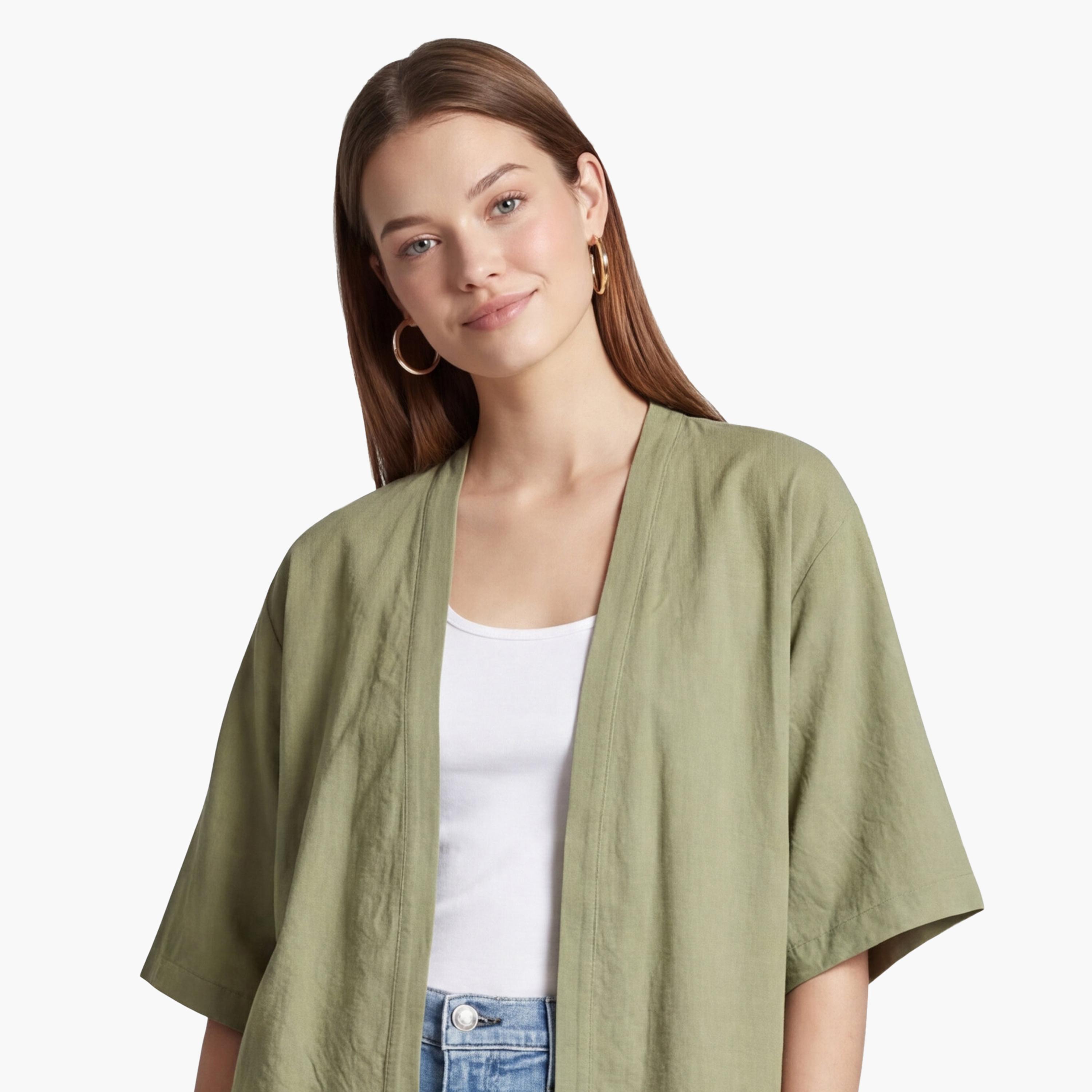 كيمونو نسائي بتصميم مفتوح من الأمام بلون أخضر من كوتون-women-clothing-shirtsandblouses-blouses-image-5