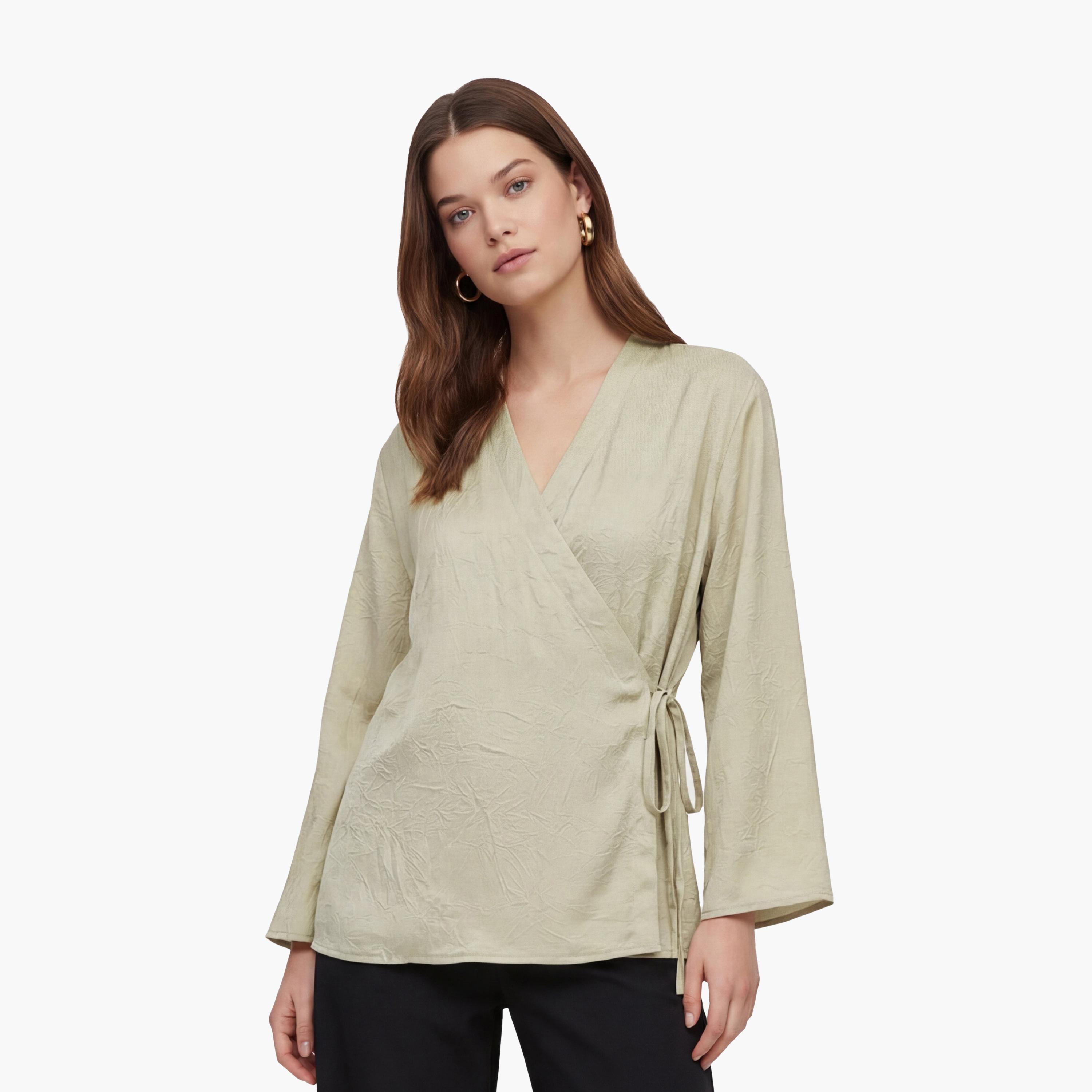 كيمونو نسائي من قماش مجعد بفتحة رقبة متقاطعة بلون أخضر من كوتون-women-clothing-shirtsandblouses-blouses-image-1
