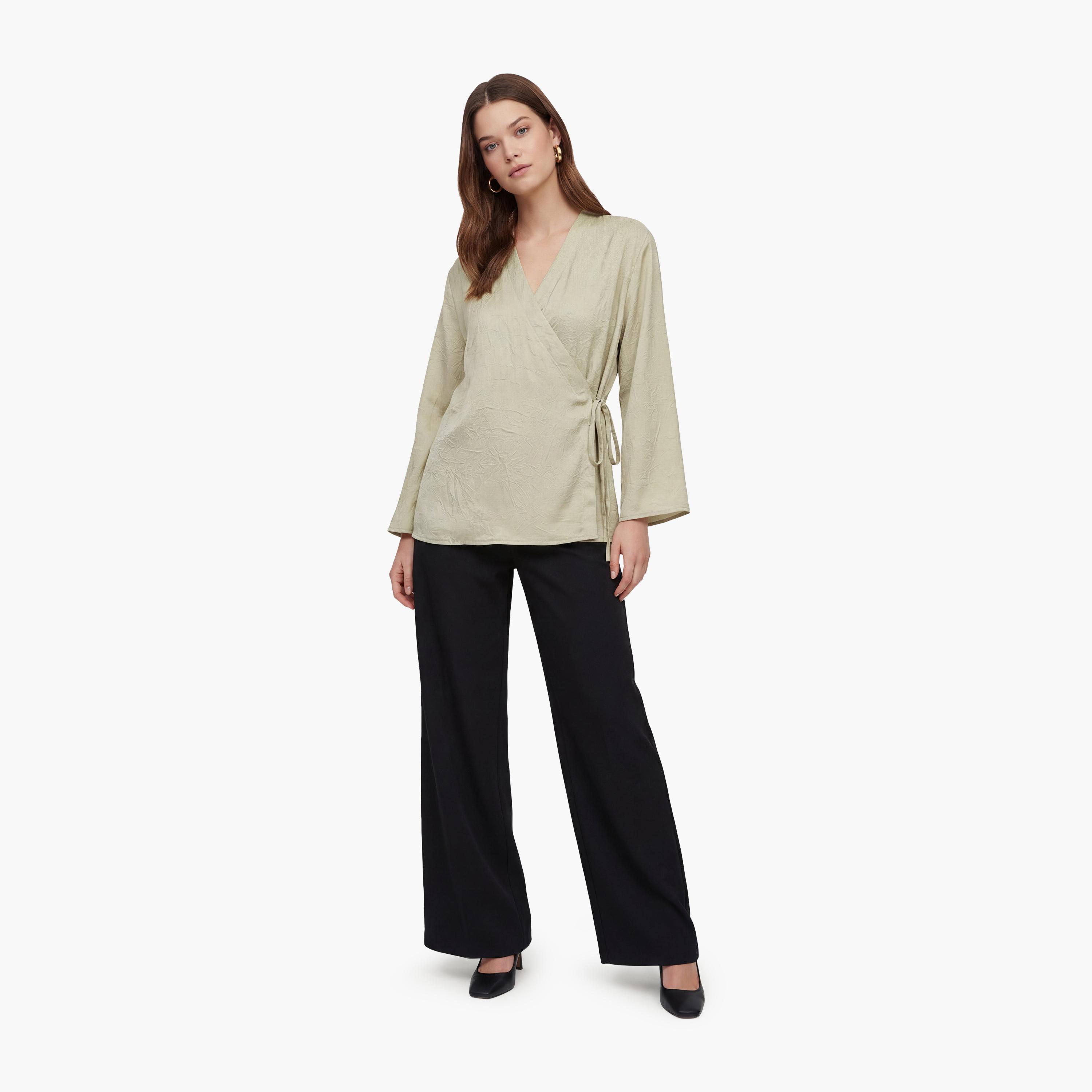 كيمونو نسائي من قماش مجعد بفتحة رقبة متقاطعة بلون أخضر من كوتون-women-clothing-shirtsandblouses-blouses-image-2